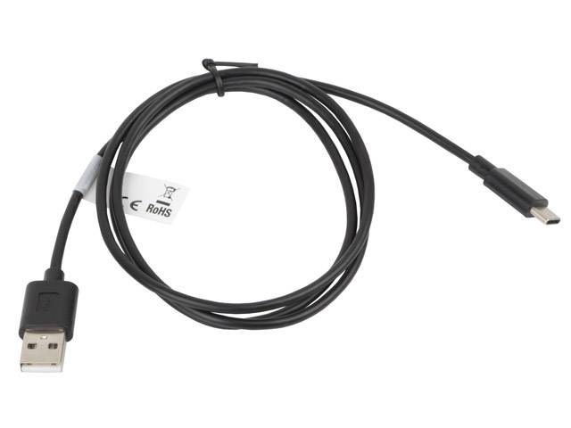 Schwarzes USB-A-auf-USB-C-Lade-/Datenkabel aufgerollt auf weißem Hintergrund.