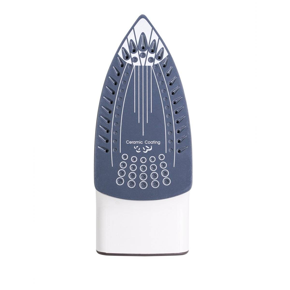 Das Bild zeigt die Sohle eines Dampfbügeleisens mit keramischer Beschichtung, das mehrere Dampflöcher für gleichmäßige Wärmeverteilung aufweist.