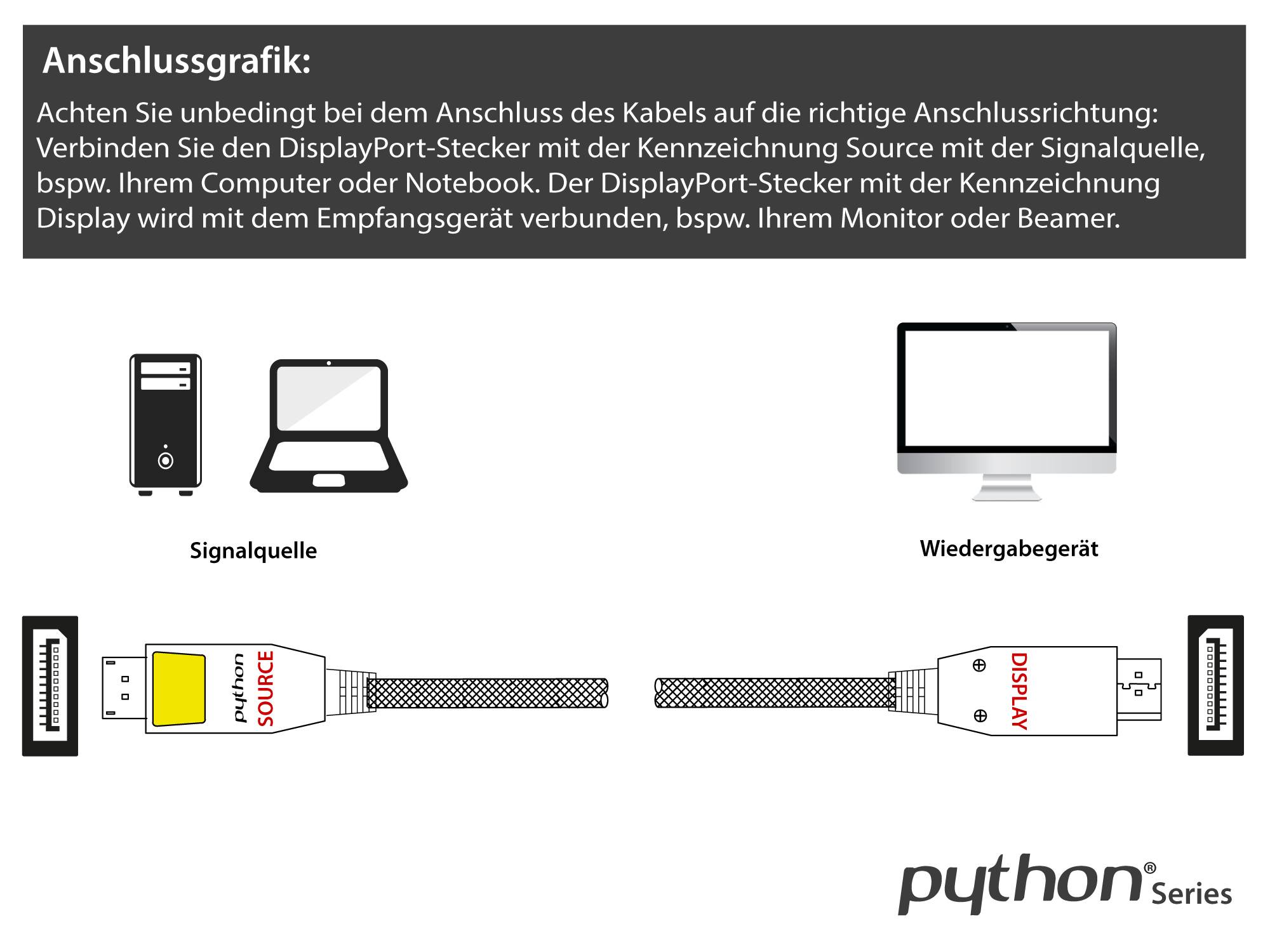 Anschlusskabel DisplayPort 1.4, 8K / UHD-2 @60Hz, AKTIV (Redmere Chipsatz), Vollmetallstecker, CU, schwarz, 10m