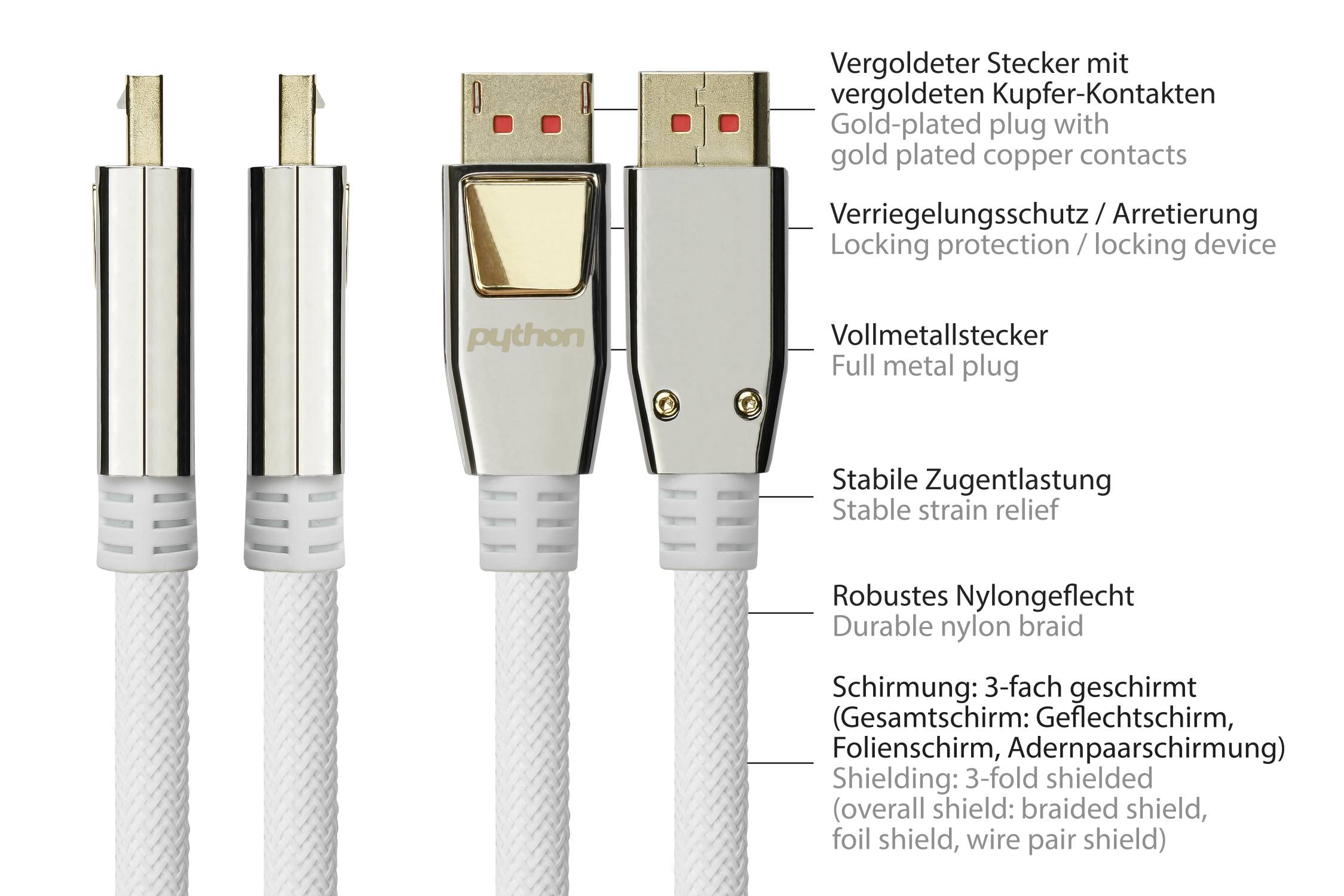 Anschlusskabel DisplayPort 1.4, 8K / UHD-2 @60Hz, AKTIV (Redmere Chipsatz), Vollmetallstecker, CU, weiß, 10m