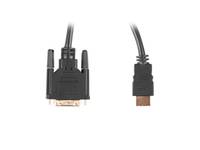 Nahaufnahme eines schwarzen Kabels mit zwei verschiedenen Steckverbindern: einem größeren rechteckigen Stecker und einem kleineren HDMI-ähnlichen Stecker.