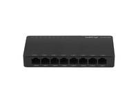 Schwarzer Netzwerk-Switch mit acht Ethernet-Anschlüssen und Status-LEDs oben
