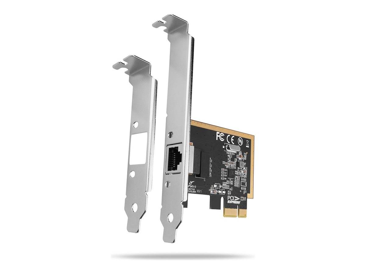 PCIe-Netzwerkadapterkarte mit zwei Metallbefestigungsoptionen, einschließlich eines Ethernet-Anschlusses und einer Leiterplatte auf weißem Hintergrund.