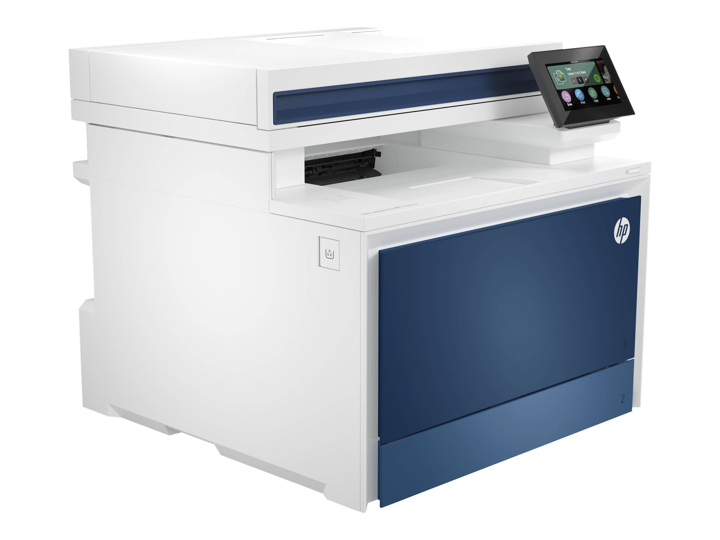 Weißer und blauer HP-Multifunktionsdrucker/Kopierer mit Touchscreen-Bedienfeld, gezeigt vor einem einfachen Hintergrund.
