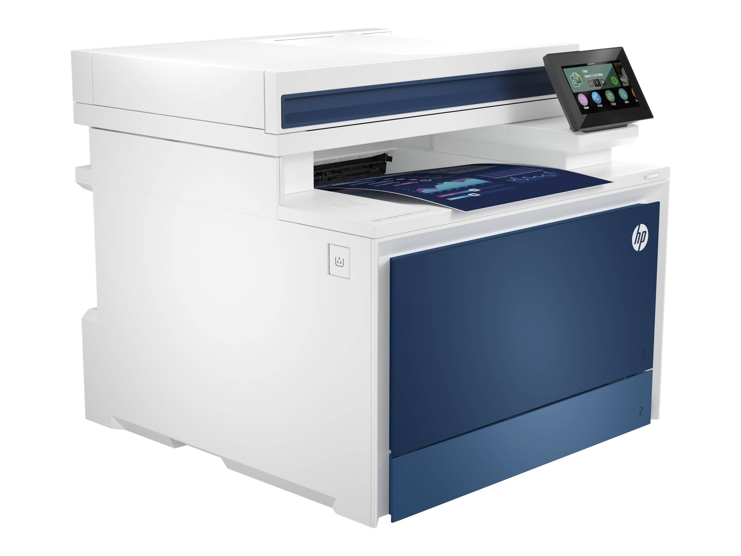 Weiß-blauer HP-Multifunktionsdrucker mit Touchscreen-Bedienfeld, dargestellt vor einfachem Hintergrund.