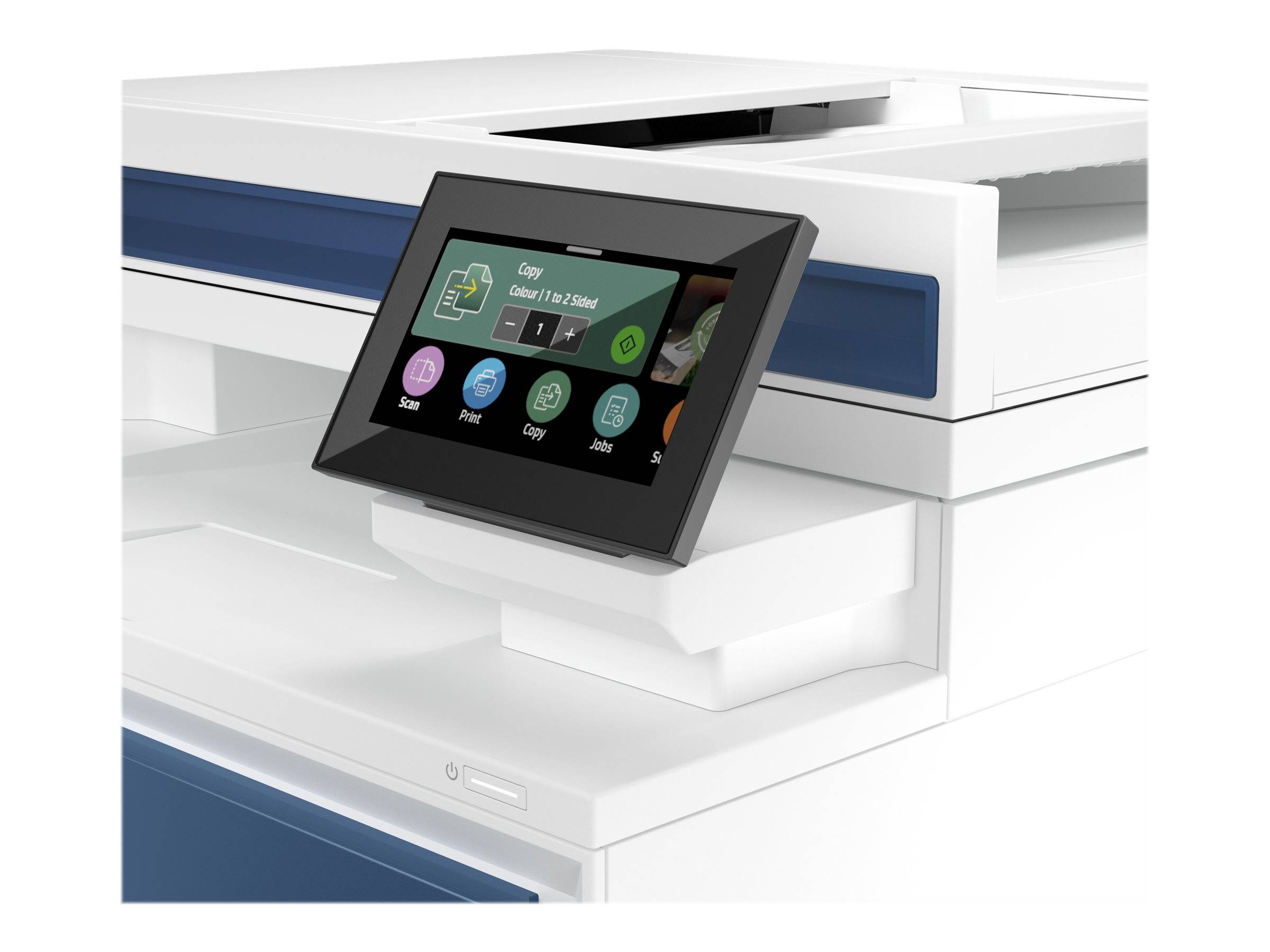 Nahaufnahme eines Multifunktionsdruckers/Kopierers mit Touchscreen, der Kopiereinstellungen und App-Symbole auf der Bedienleiste anzeigt.