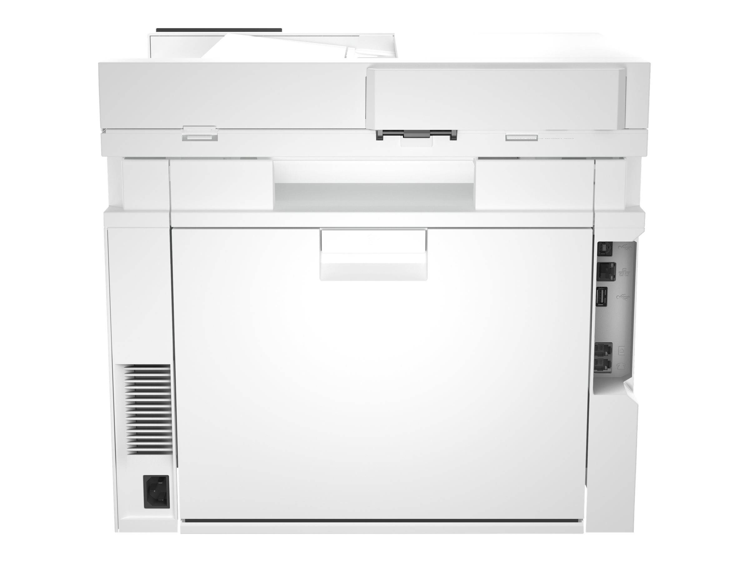 Weißer Multifunktionsdrucker/Kopierer für das Büro, Vorderansicht, mit sichtbarem Papierfach und Bedienfeld.