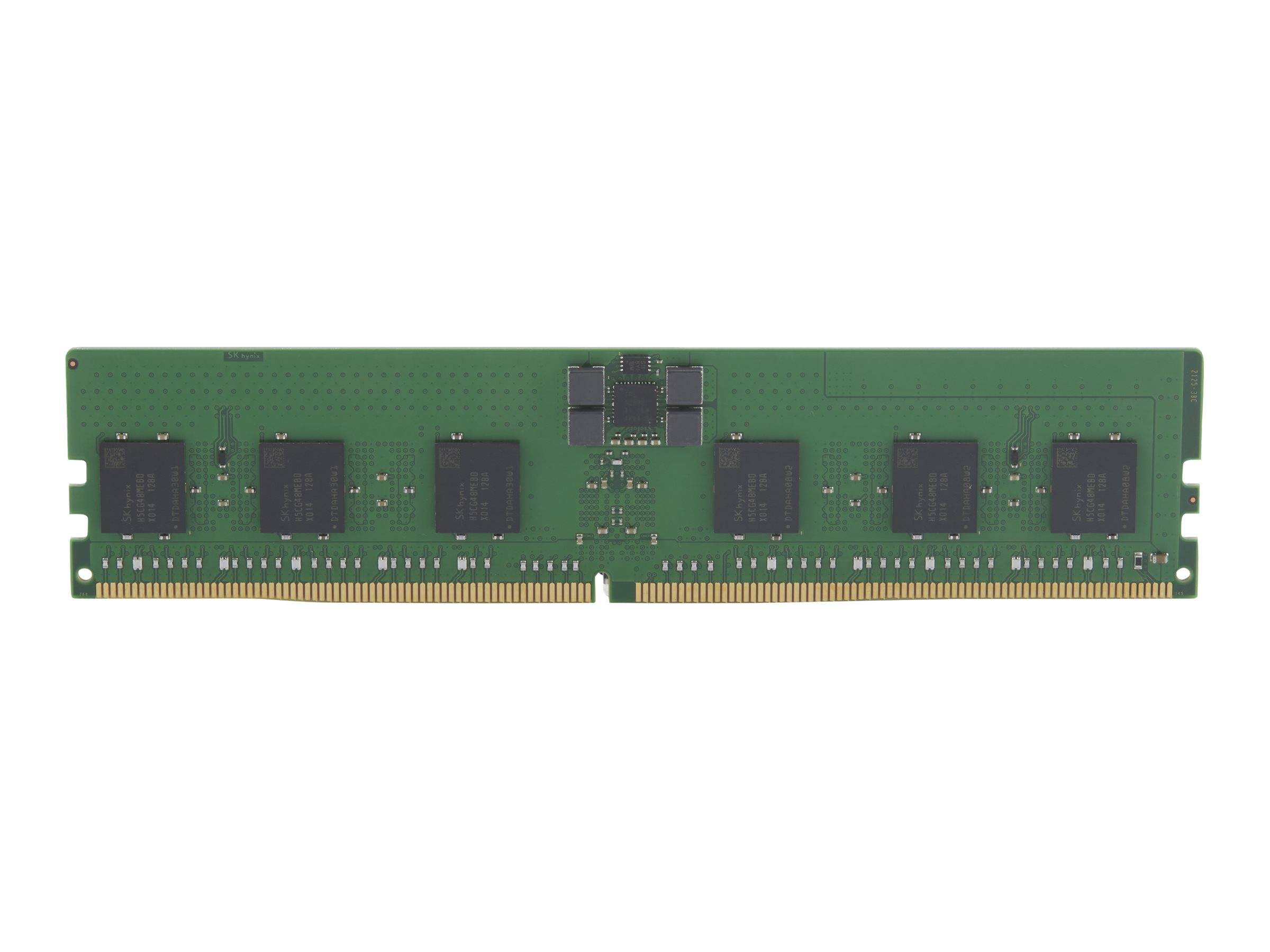 Grünes Computer-RAM-Speichermodul mit mehreren schwarzen Chips und goldenen Steckerkontakten, auf weißem Hintergrund dargestellt.