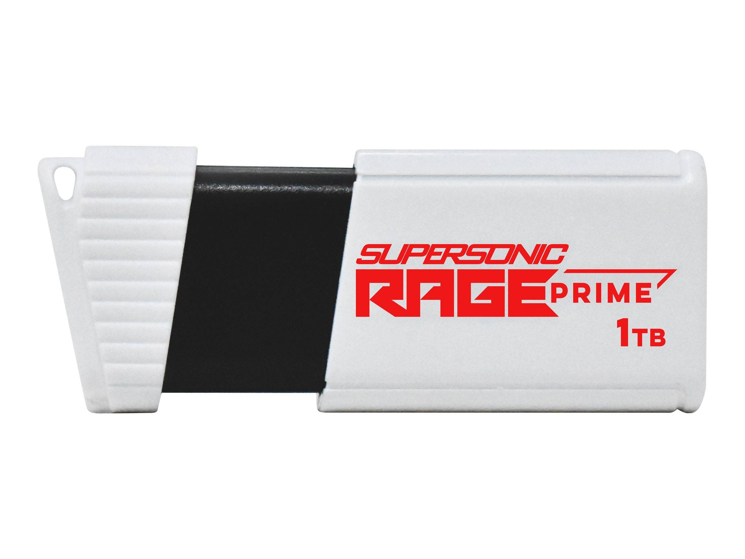 Weißes und schwarzes USB-Speicherlaufwerk mit der Aufschrift „SUPERSONIC RAGE PRIME