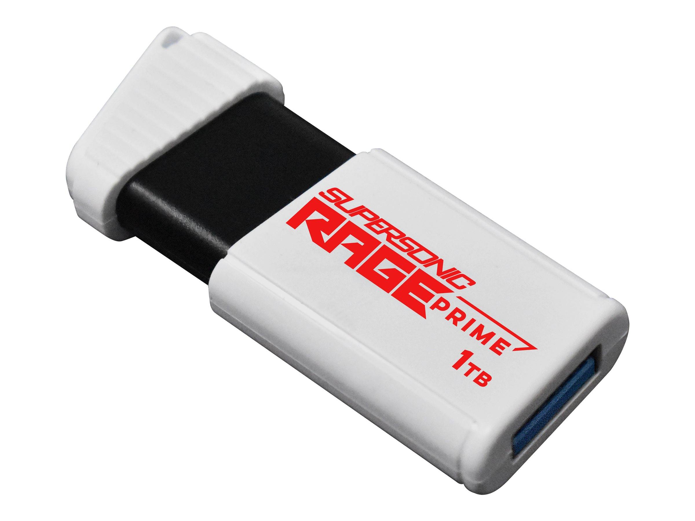 Weißes SuperSonic Rage Prime 1TB USB-Flash-Laufwerk mit schwarzem Anschluss und rotem Logo auf weißem Hintergrund.