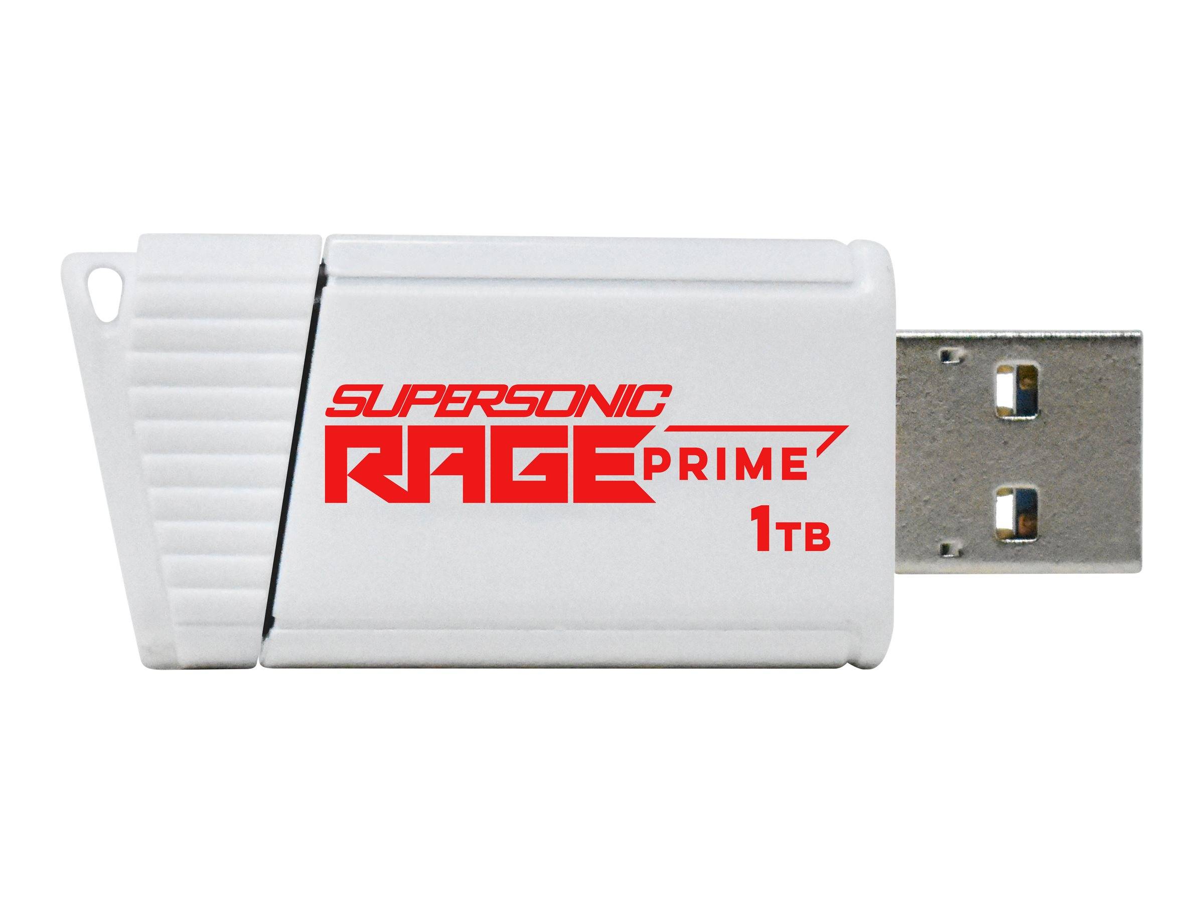Weißes USB-Speicherlaufwerk mit der Bezeichnung "Supersonic Rage Prime"" mit einer Kapazität von 1 TB auf schlicht unifarbener Hintergrund gezeigt.