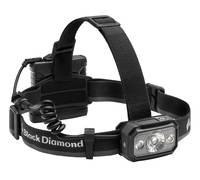 Schwarze Diamond-Stirnlampe mit verstellbarem Kopfband und Batteriepack, auf weißem Hintergrund dargestellt.