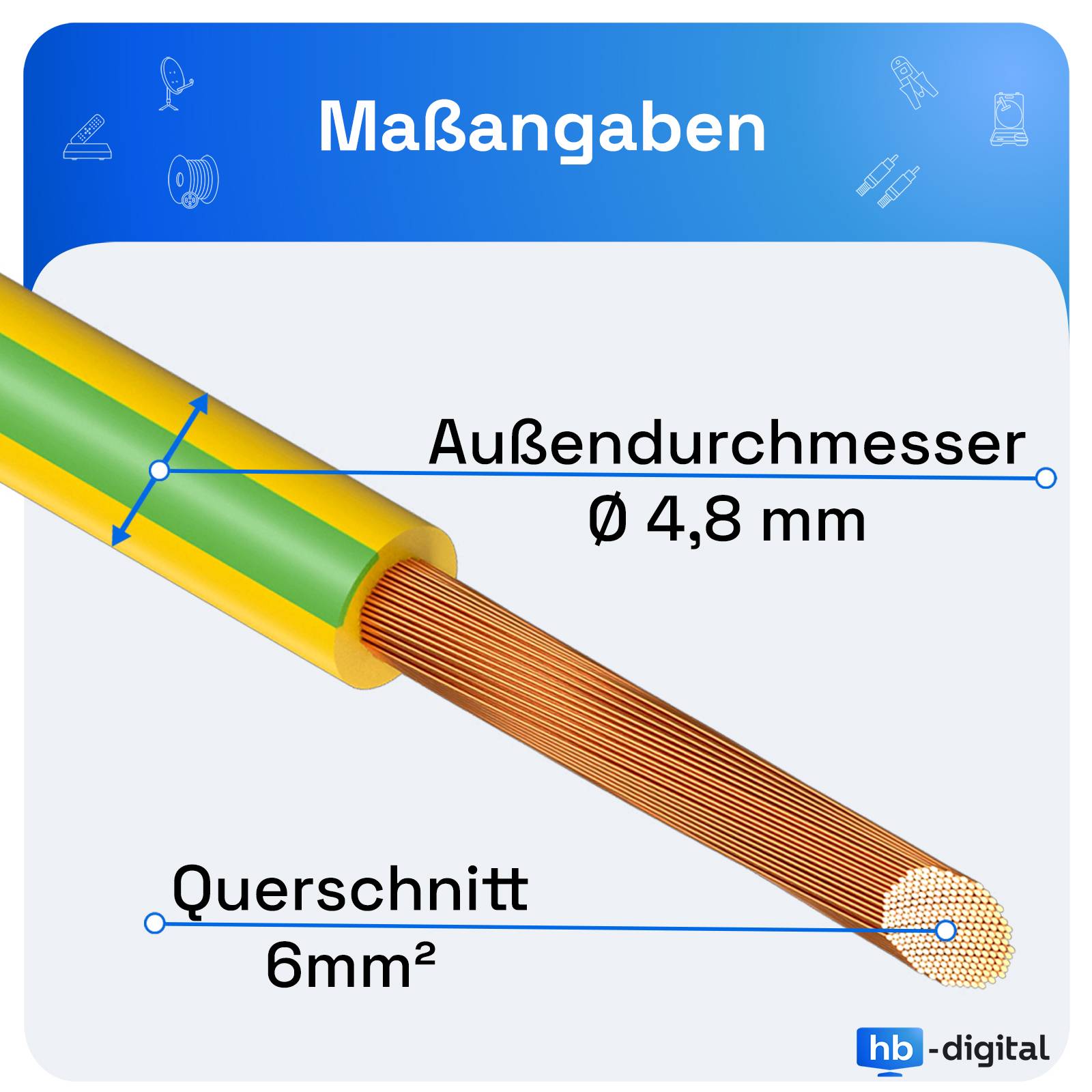 Diagramm eines Kabels mit Abmessungen: Außendurchmesser 'Ø 4,8 mm' und Querschnitt '6 mm²' mit freigelegten Kupferlitzen.