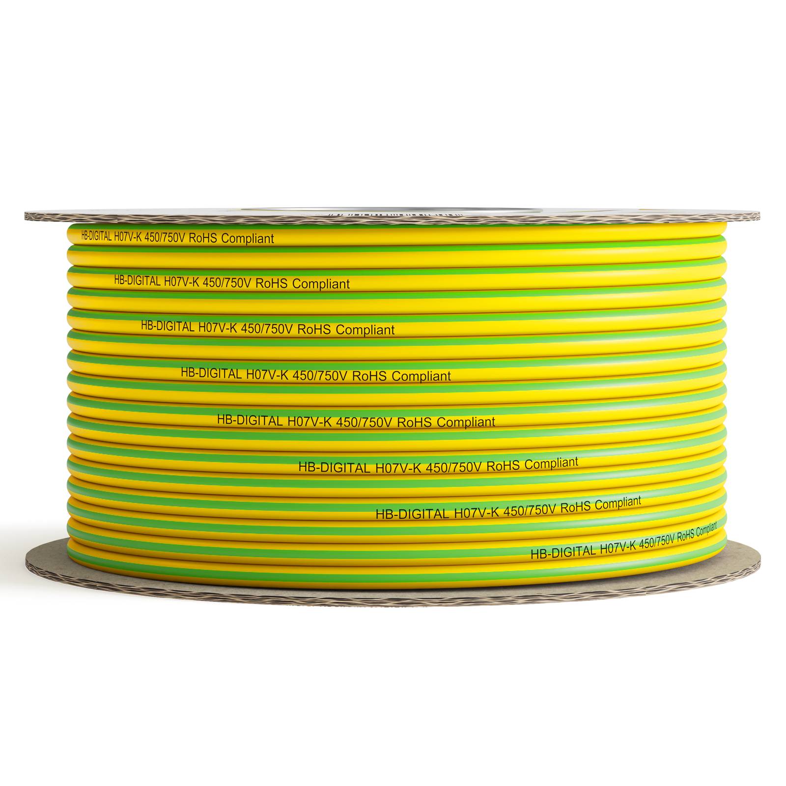 Spule mit gelbem Elektrokabel mit der Bezeichnung „HB-DIGITAL H07V-K 450/750V RoHS-konform