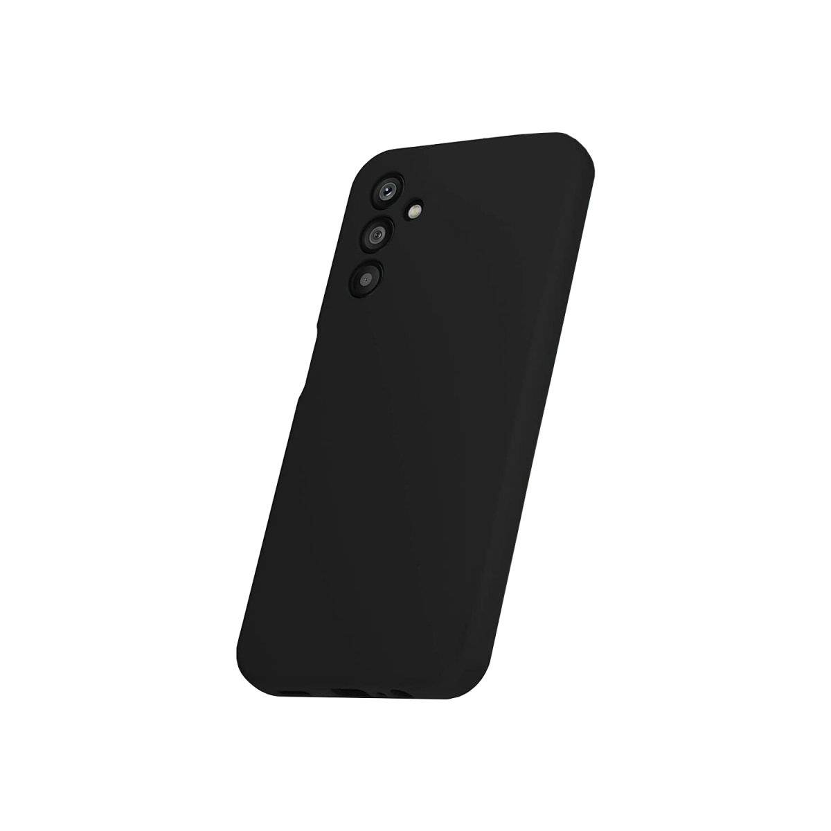 Schwarze Smartphone-Hülle von hinten gezeigt, mit drei hinteren Kameraausschnitten und einer Blitzöffnung.