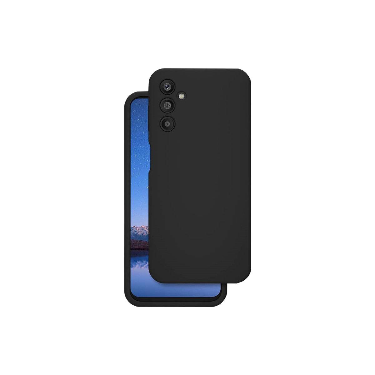 Schwarze Smartphone-Hülle, die auf einem Telefon angebracht ist und die meiste Rückseite abdeckt, während die dreifachen Kameraausschnitte sichtbar bleiben.