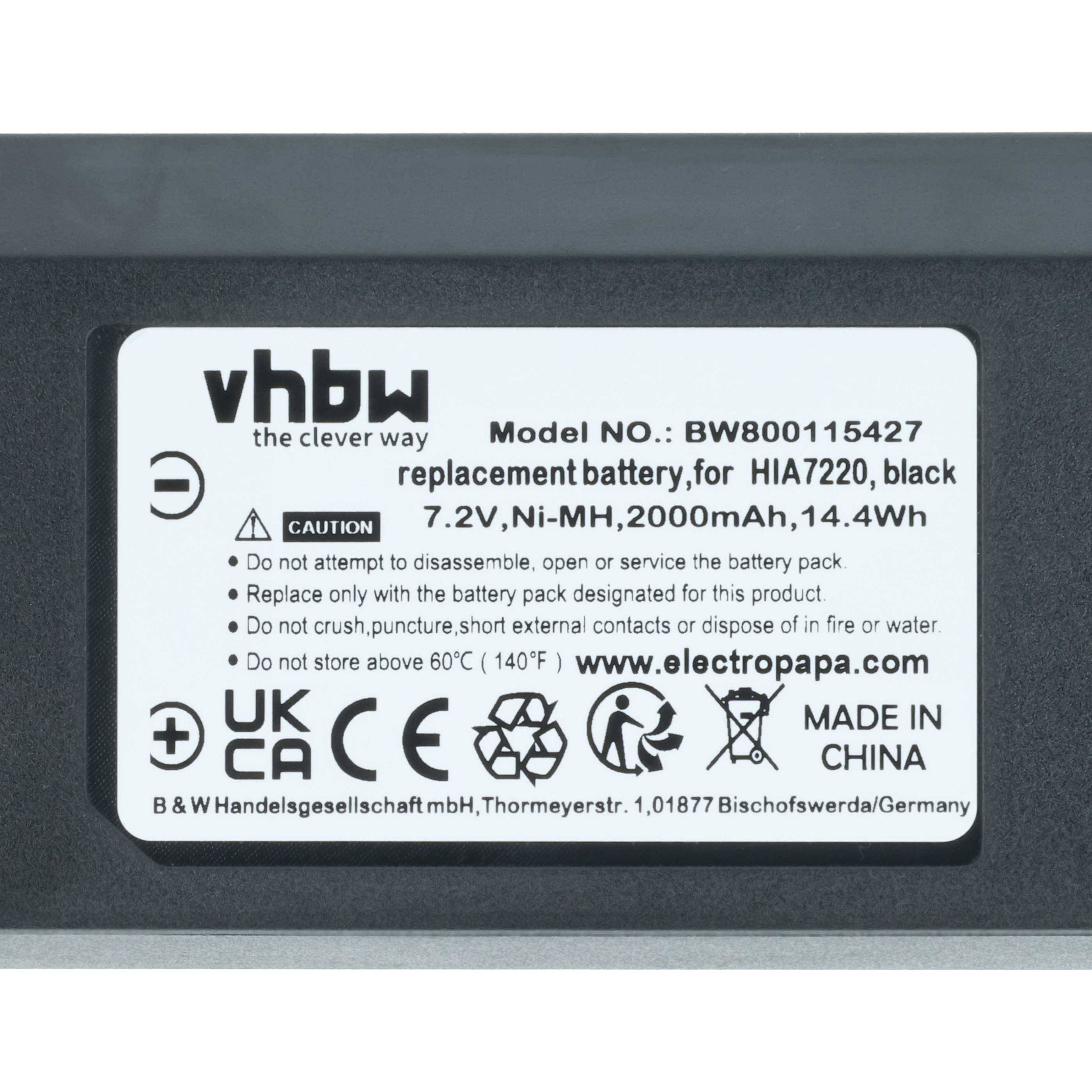 Ersatzbatterie-Etikett für Modell BW800115427 von vhbw. Spezifikationen: 7,2V, Ni-MH, 2000mAh, 14,4Wh. Sicherheitshinweise enthalten. Hergestellt in China.
