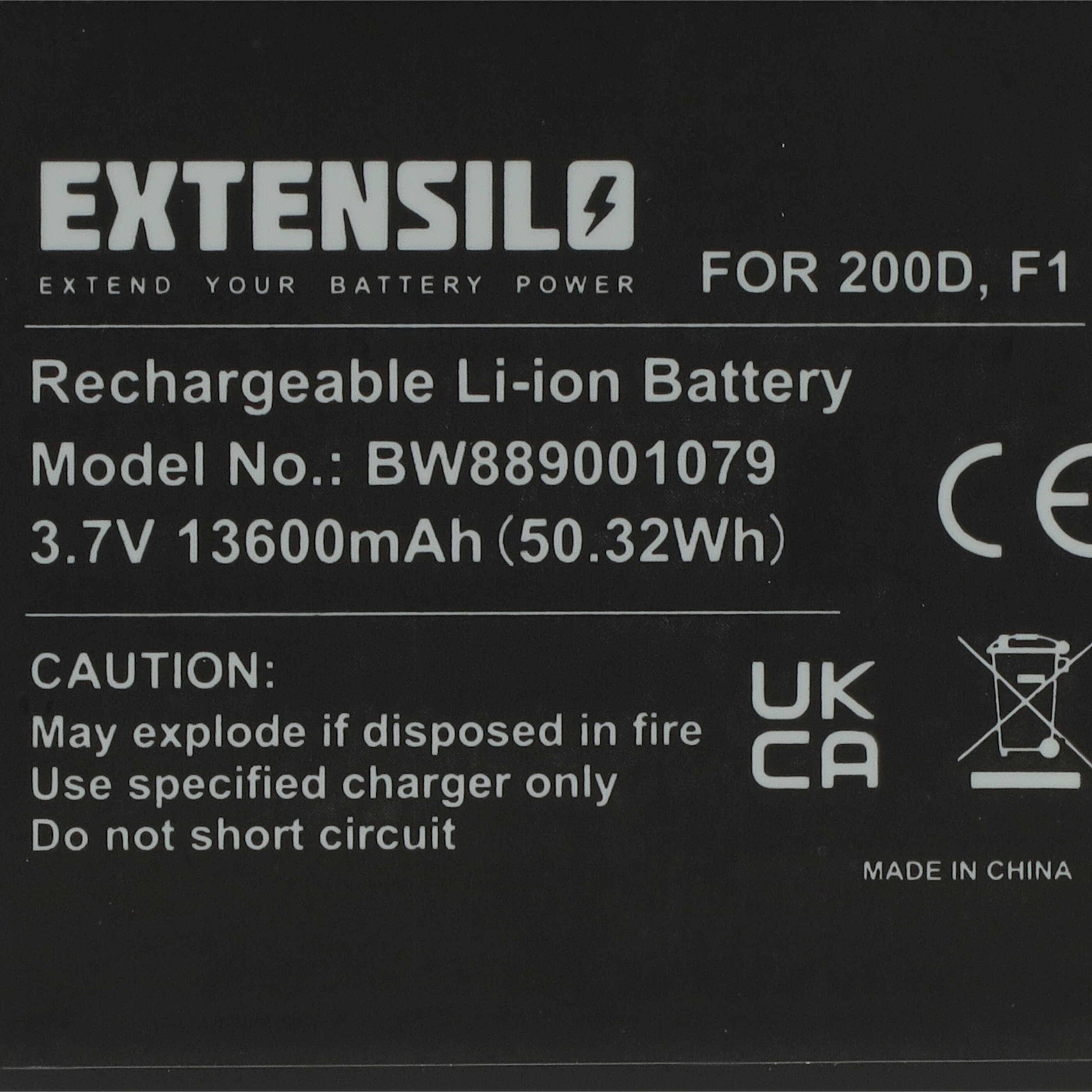Etikett eines wiederaufladbaren Li-Ionen-Akkus von Extensilo, Modell BW889001079, 3,7V 13600mAh, warnt vor unsachgemäßer Entsorgung oder Kurzschlüssen.