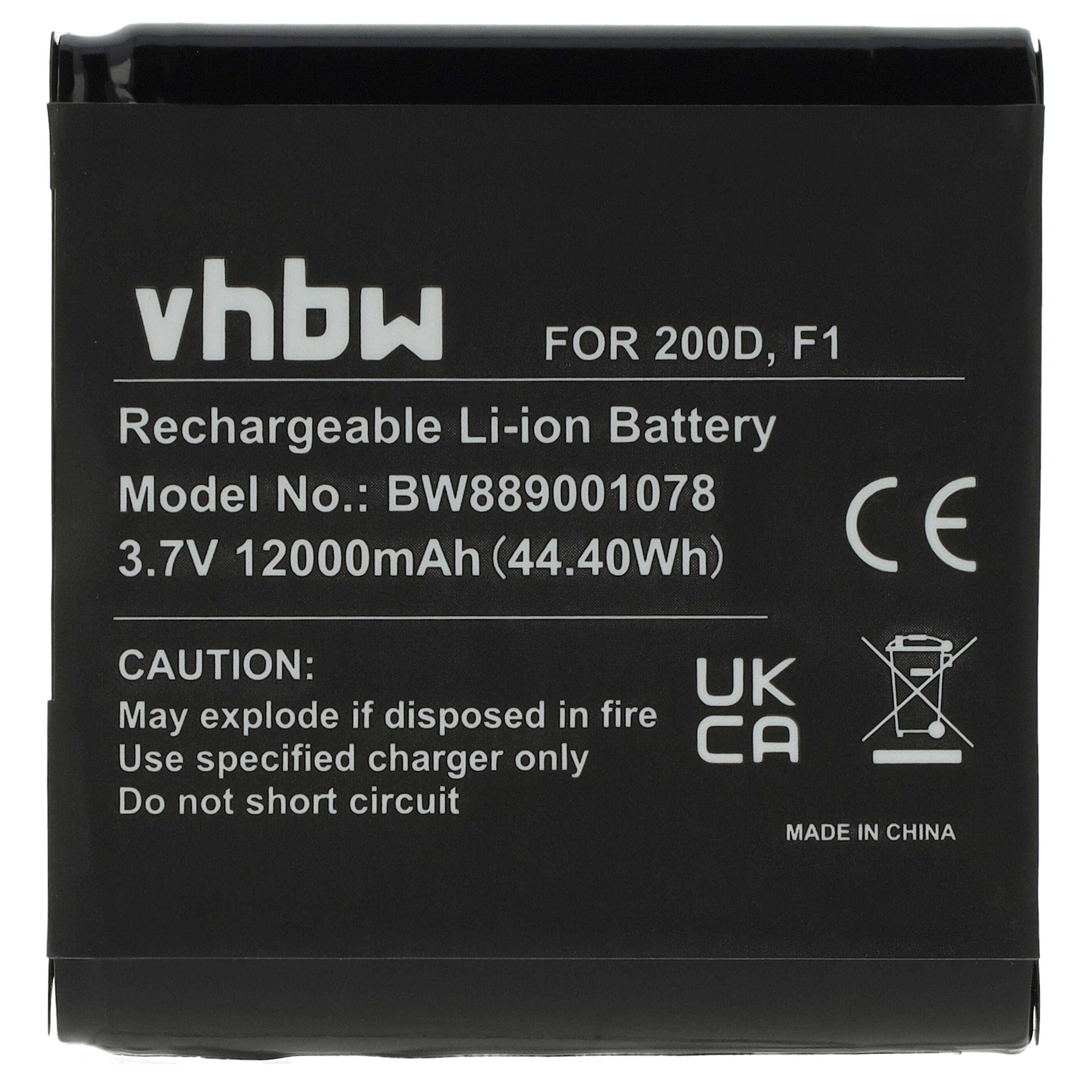 Akku für das Modell '200D, F1'. Spezifikationen: Li-Ion, Modellnummer: BW889001078, 3,7V, 12000mAh (44,40Wh). Vorsicht: Nur das angegebene Ladegerät verwenden.
