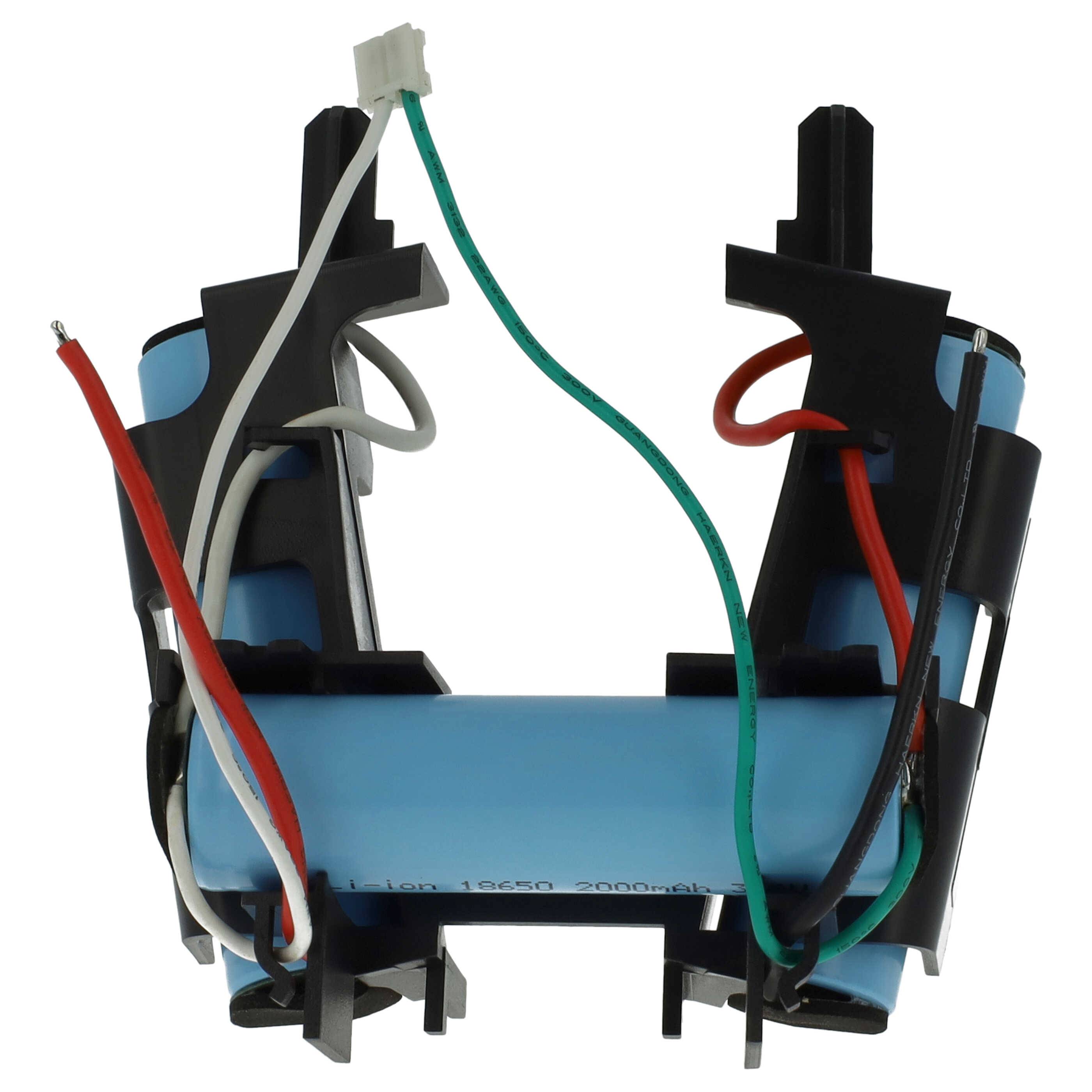 Zwei verbundene blaue Batterien mit schwarzen Haltern und angebrachten roten, weißen und grünen Drähten vor weißem Hintergrund.