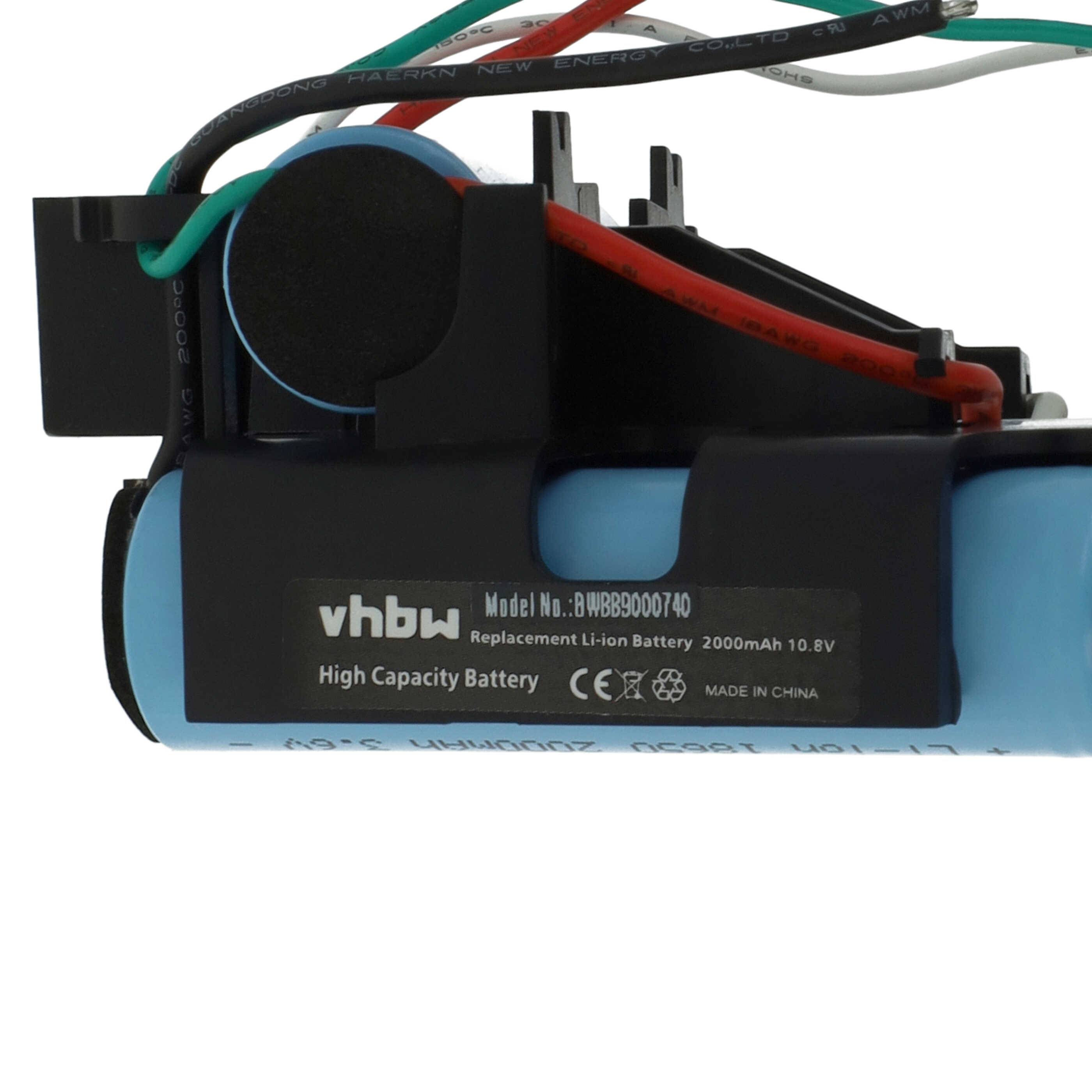 Ein blauer vhbw Markenlithium-Ionen-Akkupack mit angebrachten Drähten, Modell B-BMGB00740, gekennzeichnet für Hochleistungsanwendungen, 10,8V, 7800mAh.