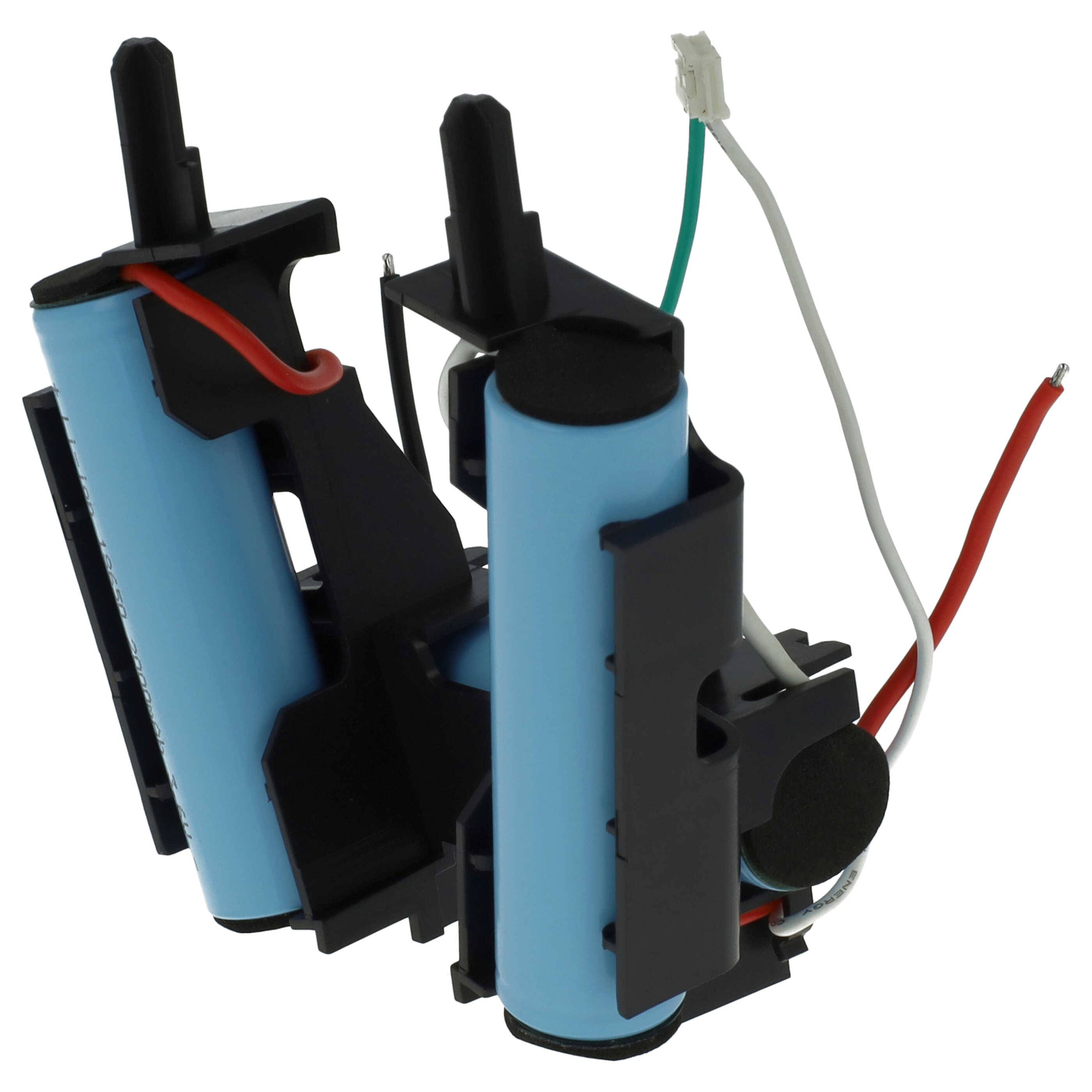 Zwei blaue zylindrische Batteriefächer mit angebrachten roten, weißen und grünen Drähten, aufrecht mit einem schwarzen Rahmen positioniert.