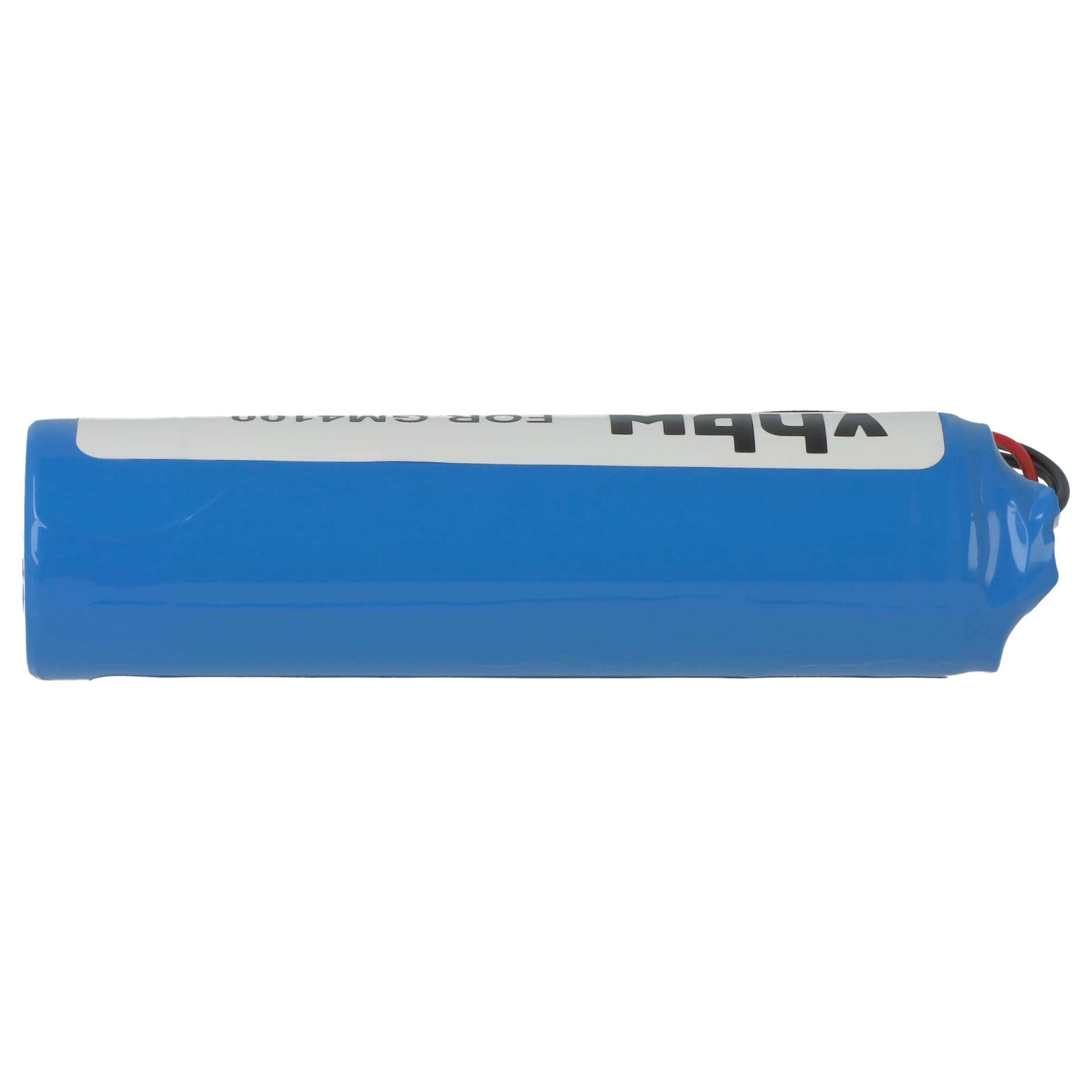 Eine blaue zylindrische Batterie mit Drähten an einem Ende, teilweise mit Text beschriftet, der auf der sichtbaren Seite mit 