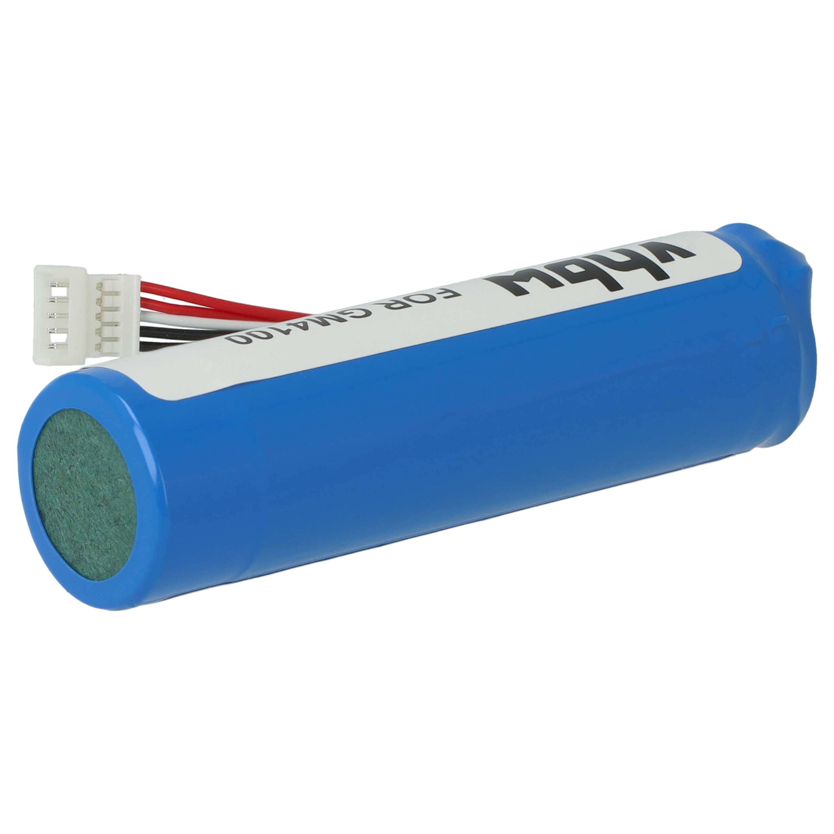 Eine blaue zylindrische Batterie mit einem weißen Etikett und Anschlusskabeln. Der Text auf dem Etikett lautet „FÜR GAMMA.