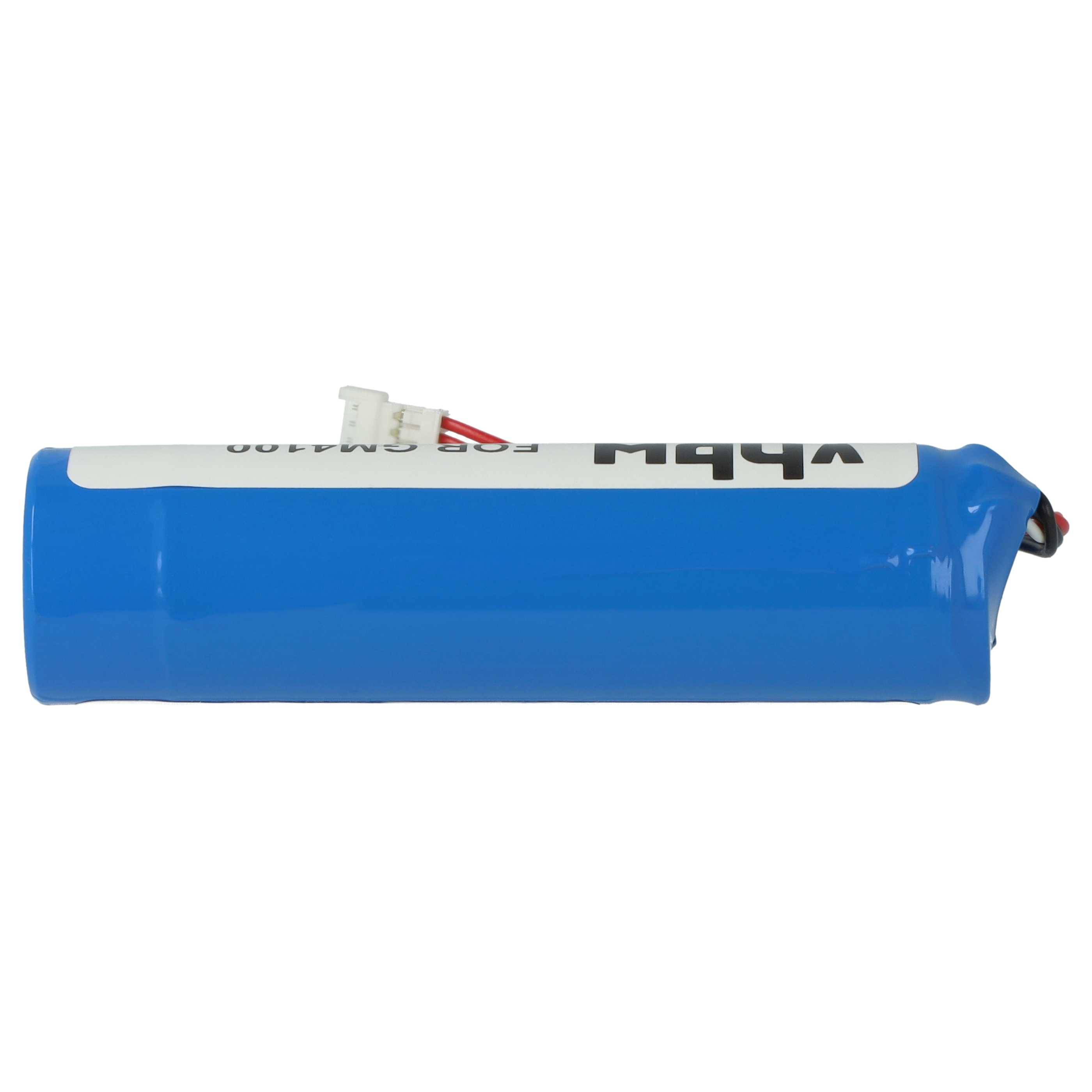 Eine blaue zylindrische Batterie mit einem weißen Etikett und rot-schwarzen Kabeln, die an einem Ende angeschlossen sind.