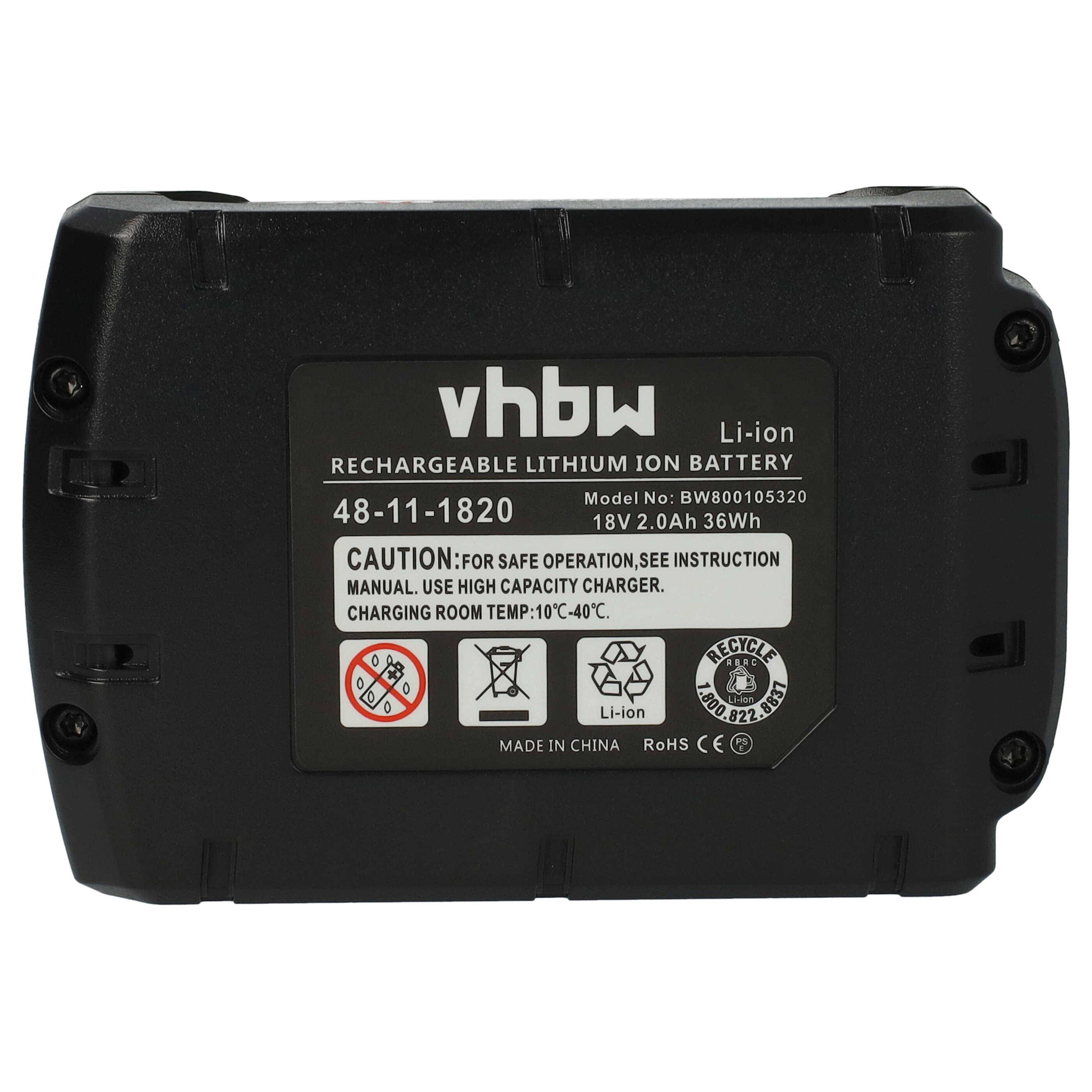 vhbw Akku kompatibel mit Milwaukee 1109-20, 1109-21, 1109-24, 1109-52, 2601, 0934-29, 2601-21 Elektrowerkzeug (2000 mAh, Li-Ion, 18 V)