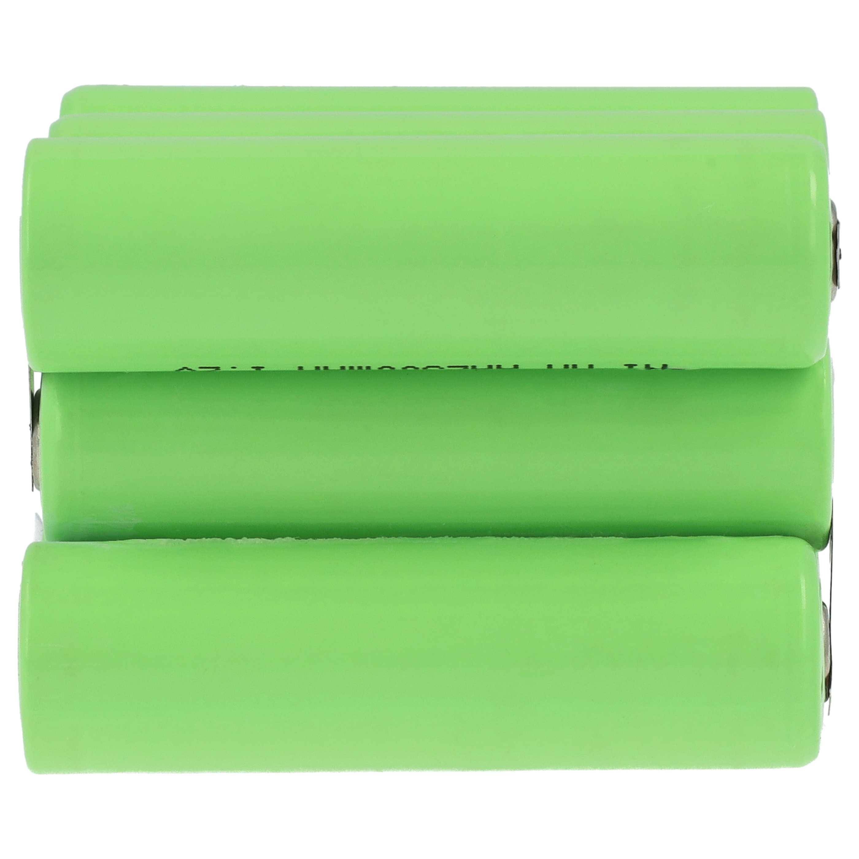 Vier grüne zylindrische Batterien horizontal übereinander gestapelt.