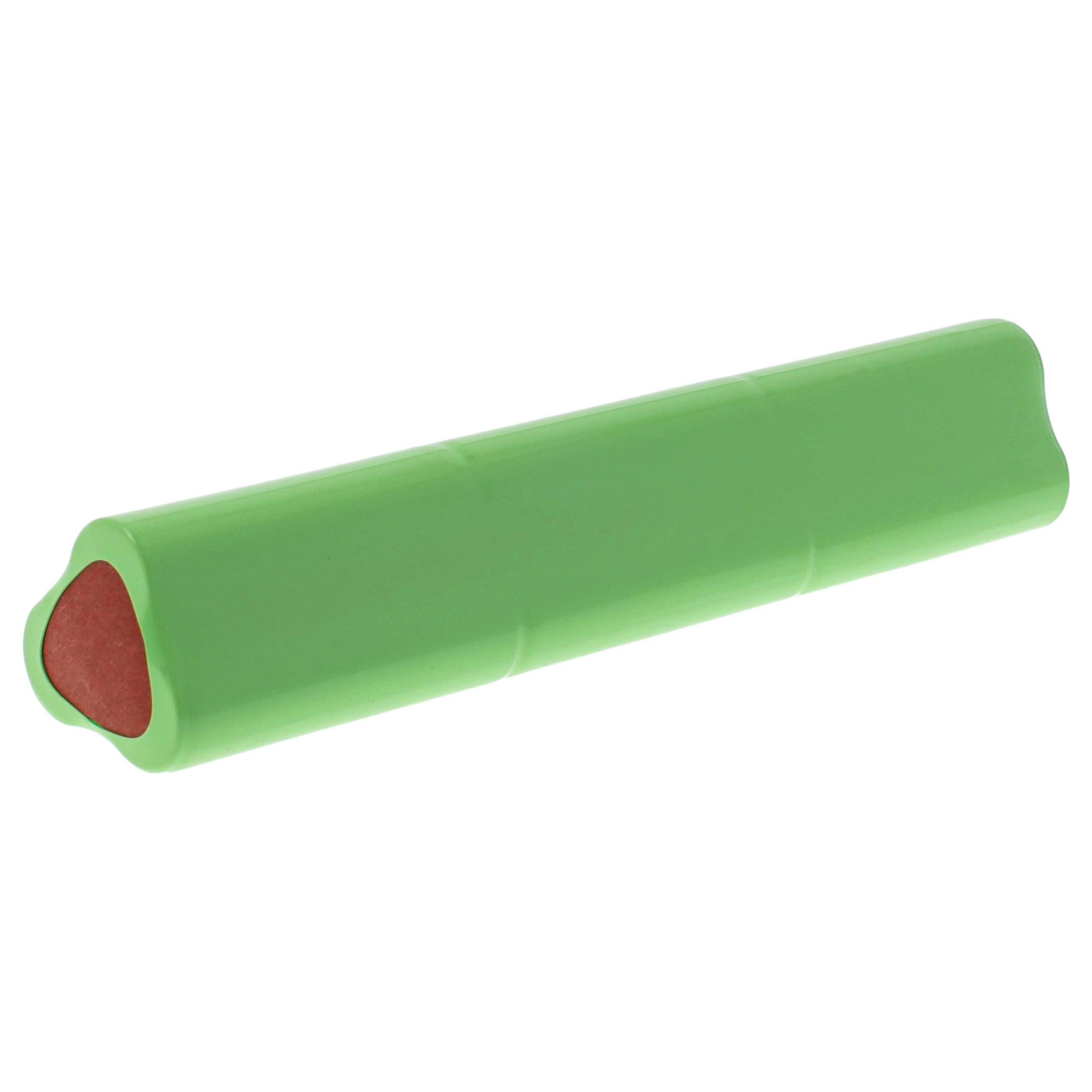 Ein grünes zylindrisches Objekt mit einem roten dreieckigen Ende, das einer Batterie oder einer ähnlichen Gerätekomponente ähnelt.