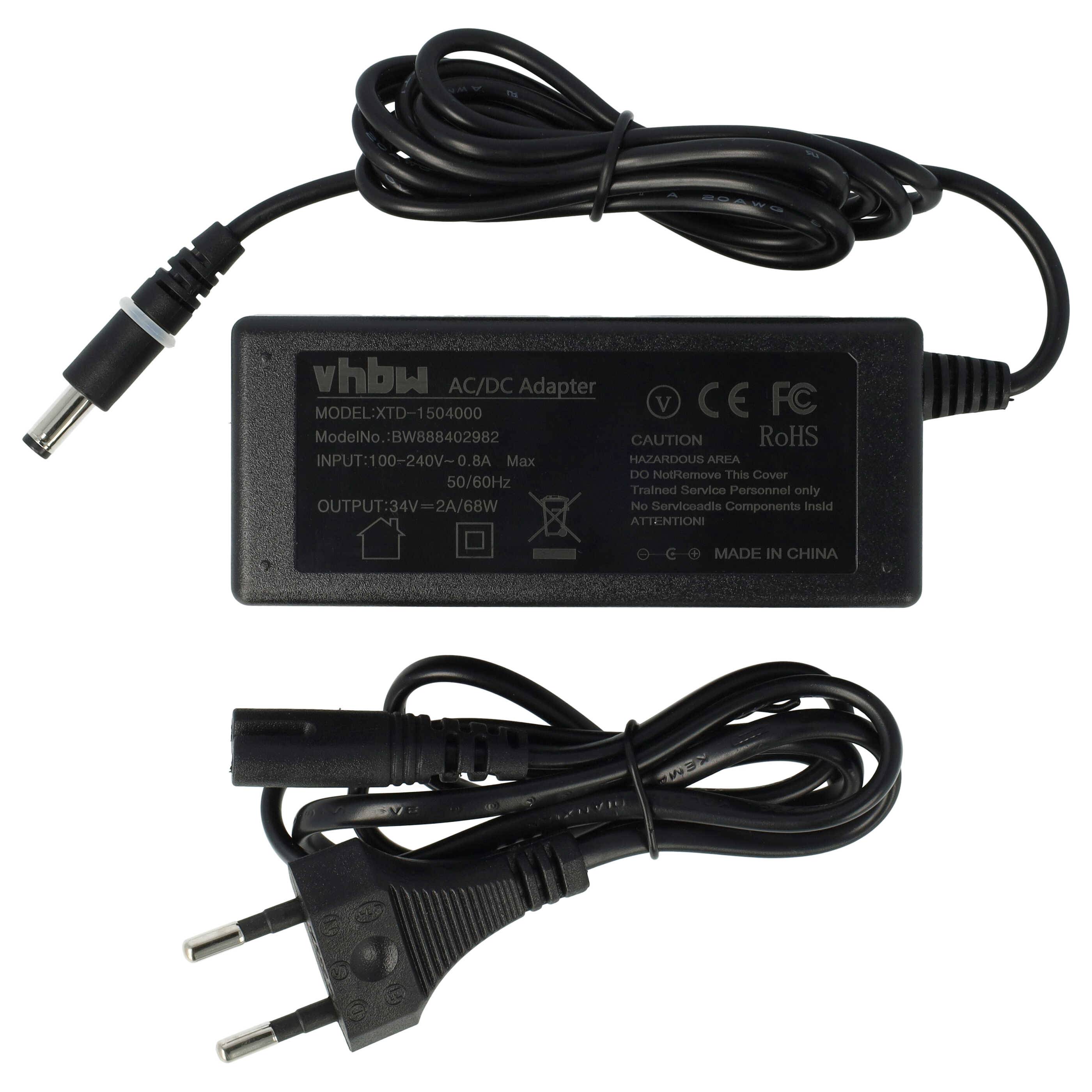 Ein schwarzer AC/DC-Adapter der Marke 'vhbw' mit dem Modell XT01-1504000, Eingangsspannung 100-240V und Ausgangsspannung 15V. Inklusive eines Ladekabels mit europäischem Stecker.