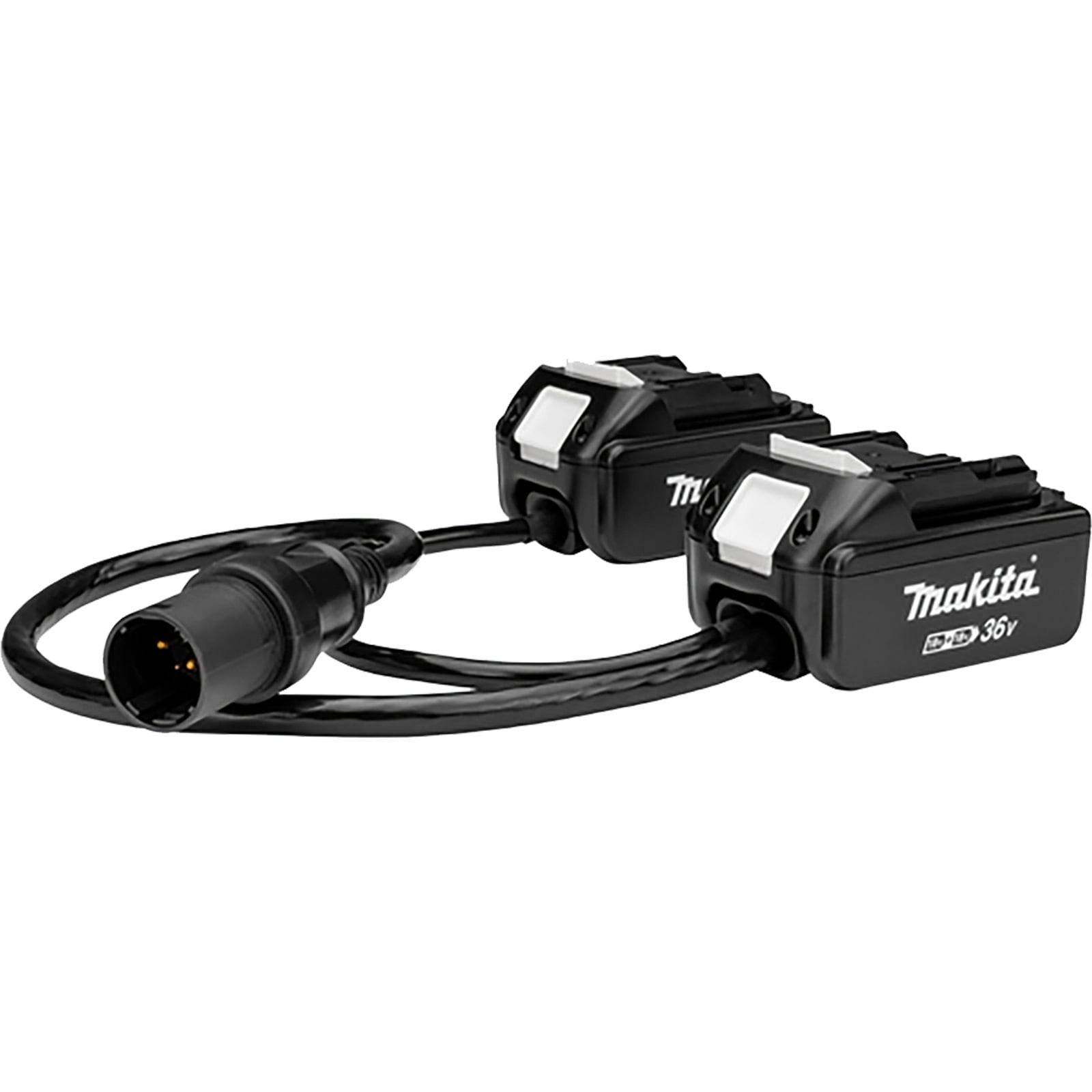 Dualer Makita Akkupack mit Verbindungskabel, entwickelt für Elektrowerkzeuge, mit elegantem schwarzem Design und sichtbarem Markenlogo.