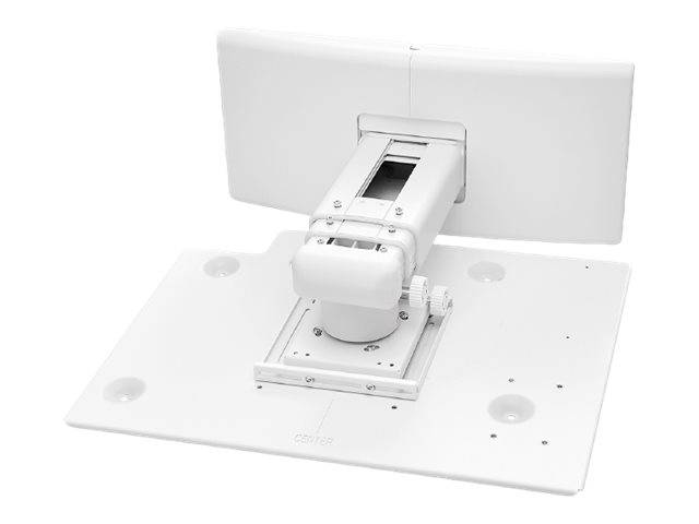 Weißer verstellbarer Monitorständer mit zentralem Arm und dualen hinteren Paneelen auf einer flachen Basis, gezeigt in einer produktstylisierten Ansicht.
