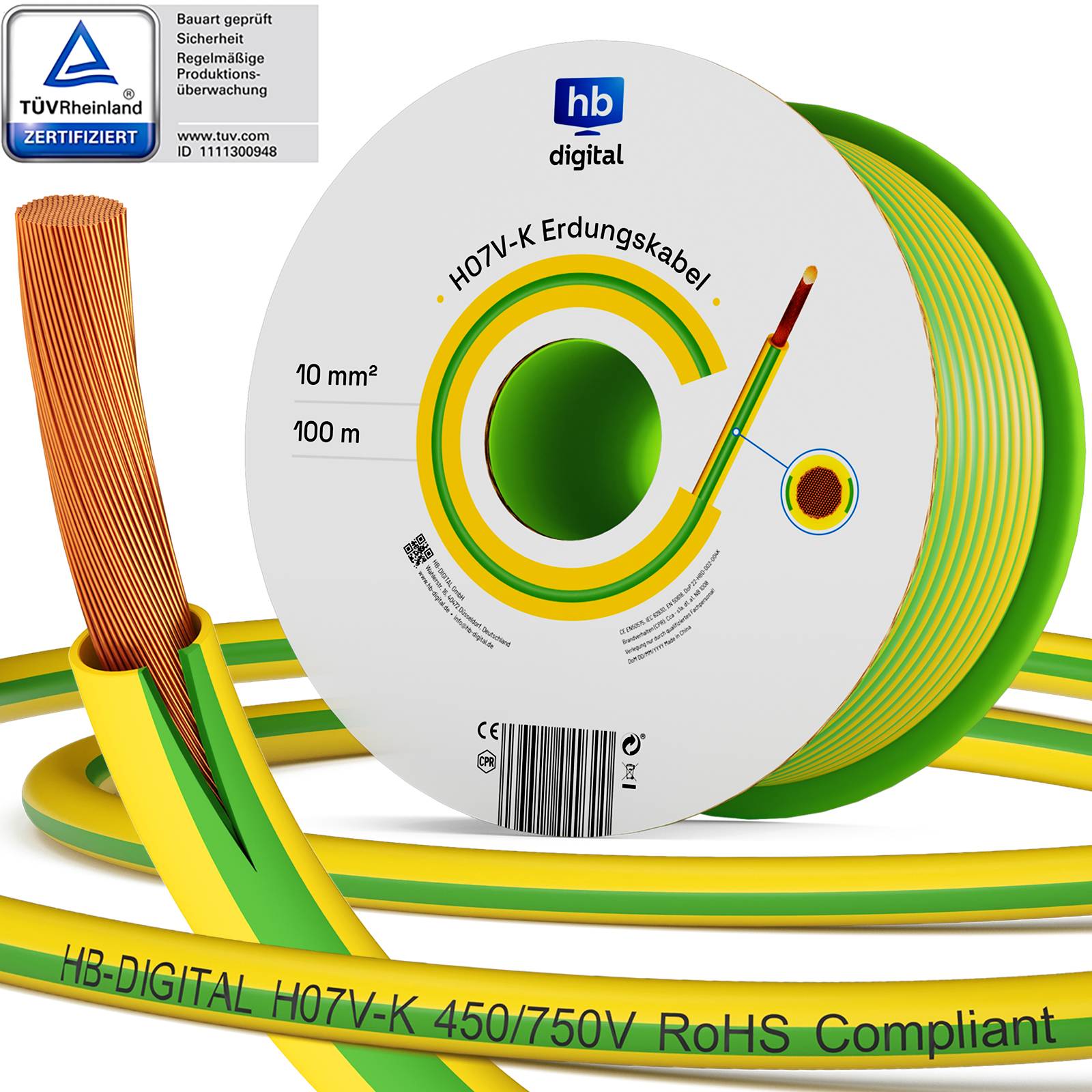 hb-digital Erdungskabel 10mm2 flexibel 100m PVC Aderleitung H07V-K
