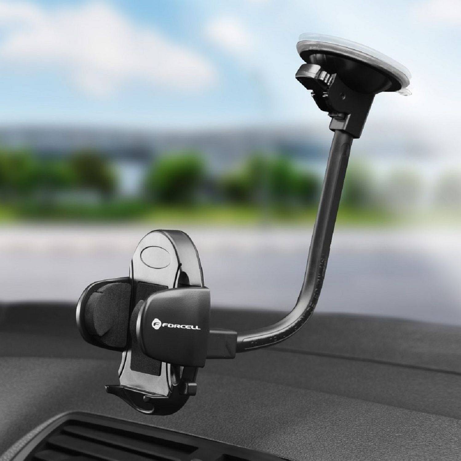 FORCELL Autohalterung KFZ-Halterung GSM (OVAL) + Bogen (27cm) für die Lüftungsöffnung und Windschutzscheibe Schwarz