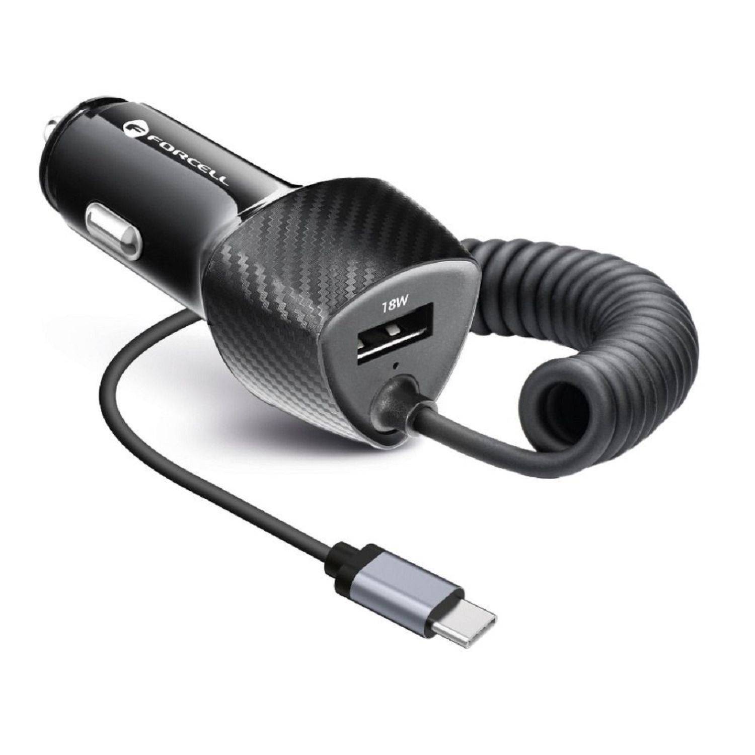 FORCELL Carbon USB KFZ-Ladegerät QC 3.0 18W + Kabel Typ C 3.0 PD20W CC50-1AC Schwarz (Total 38W)