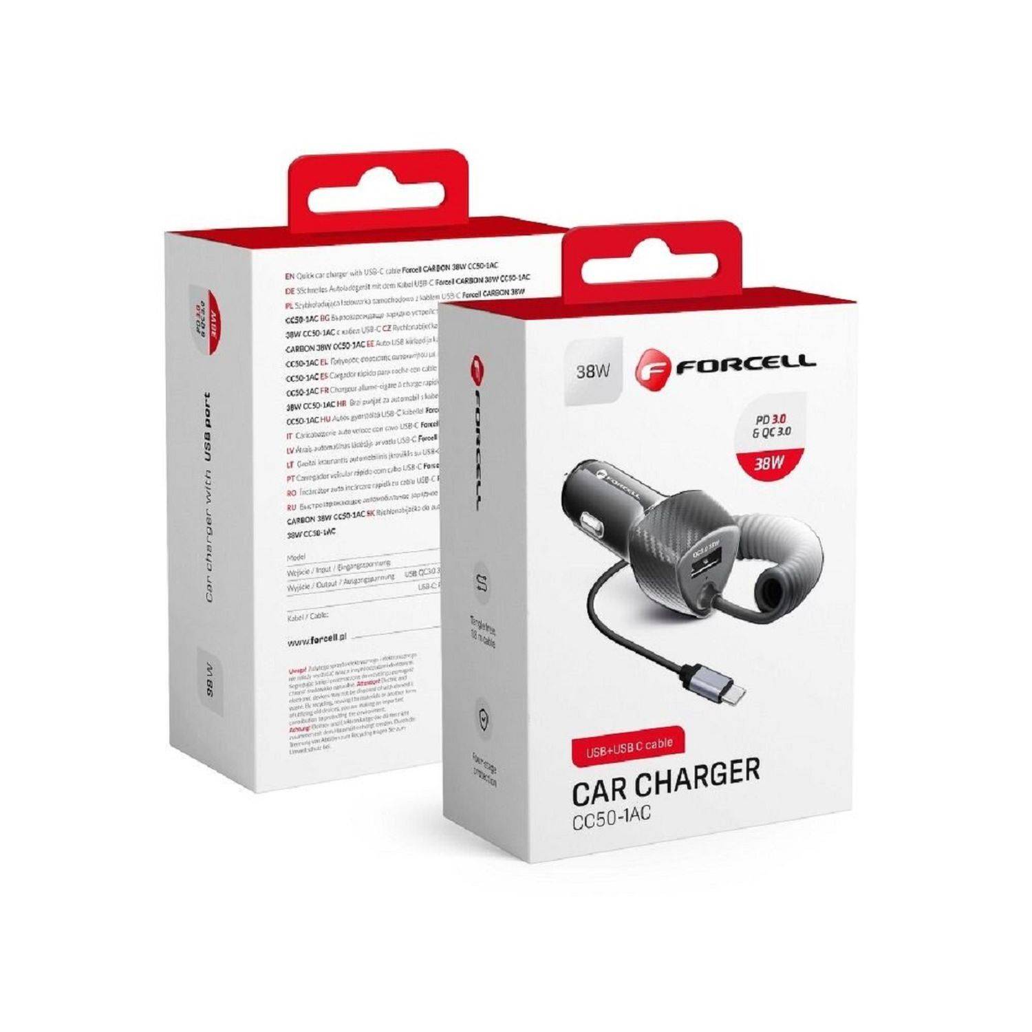 FORCELL Carbon USB KFZ-Ladegerät QC 3.0 18W + Kabel Typ C 3.0 PD20W CC50-1AC Schwarz (Total 38W)