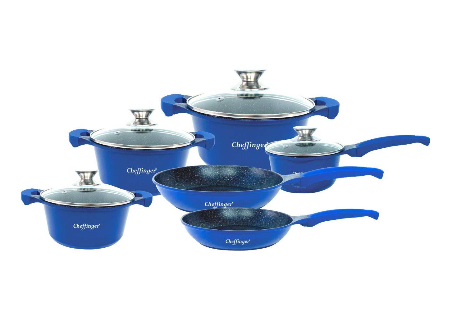 10-Teilig Kochgeschirr-Set Topf Induktion Alu Guss Pfanne Topfset Kochtopfset Marmor Blau