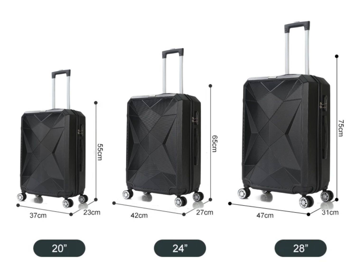 Reisekoffer ABS-03 Koffer 3-teilig Hartschale Trolley Set Kofferset Handgepäck Gepäck Reisetasche Schwarz