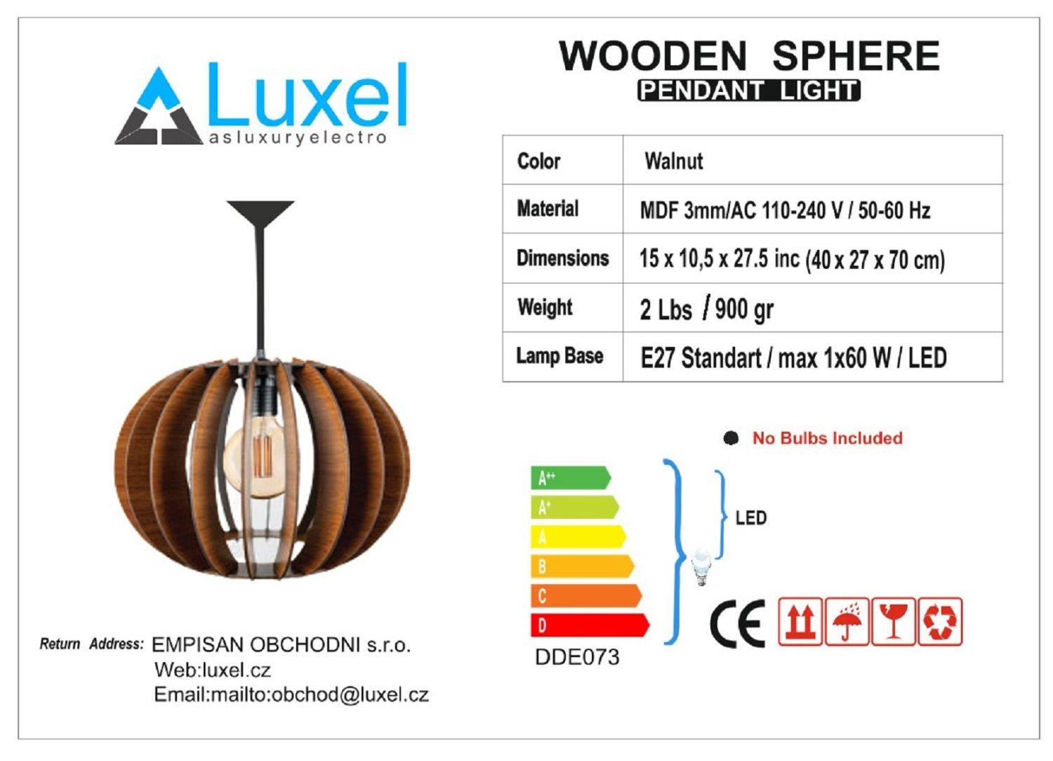 Luxel Avize Sphere AV10 Pendelleuchte Deckenleuchte E27 Innenraumleuchte Deckenlampe Pendellampe Walnuss