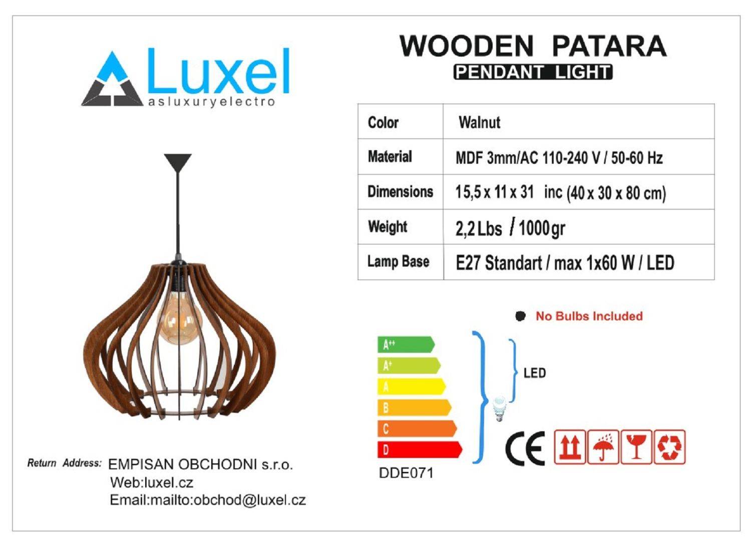 Luxel Avize Patara AV17 Pendelleuchte Deckenleuchte E27 Innenraumleuchte Deckenlampe Pendellampe Walnuss