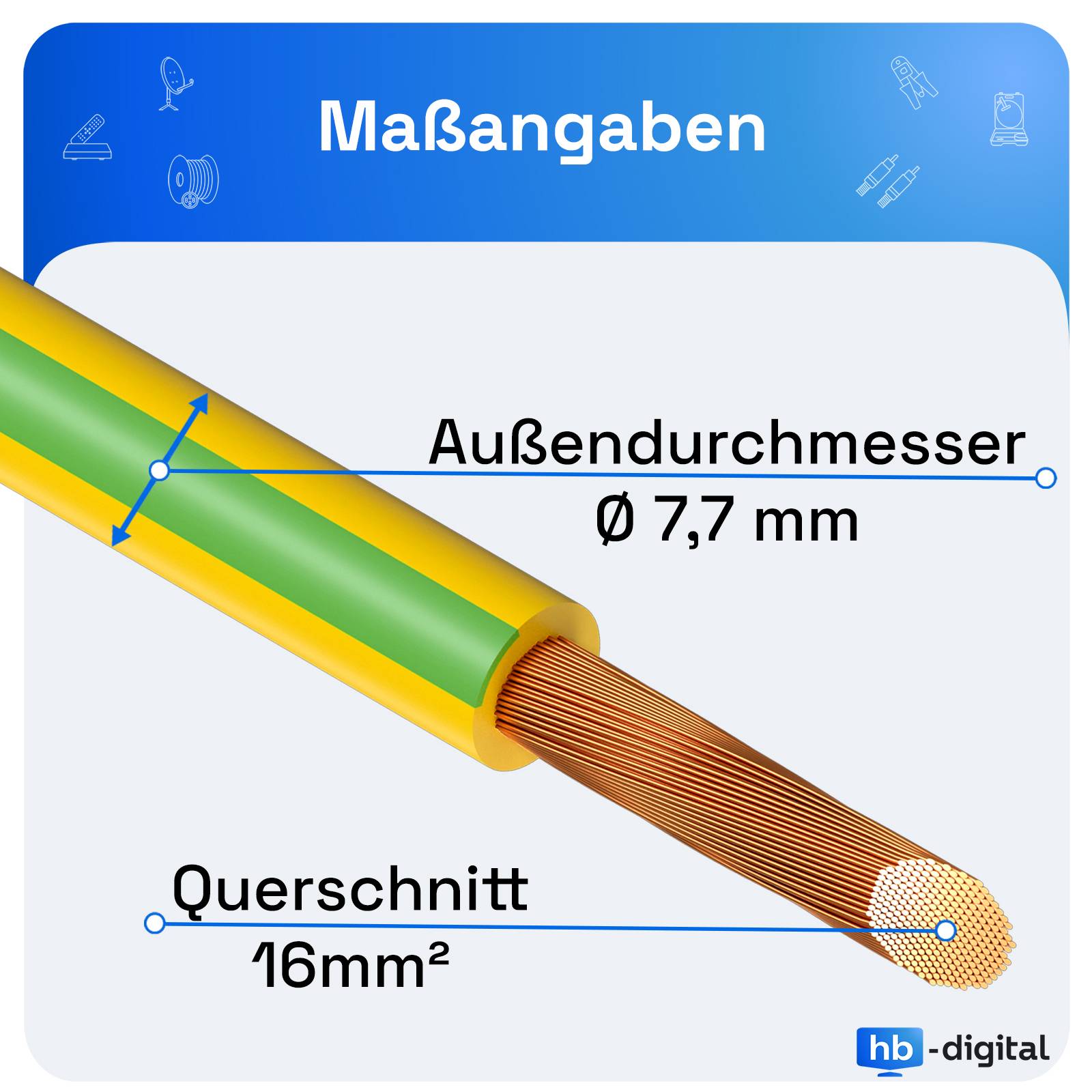 hb-digital PVC Aderleitung 50m H07V-K 16mm2 Erdungsleitung flexibel