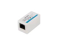 Weißes Ethernet-Netzwerkadaptermodul mit einem einzelnen RJ45-Anschluss, auf schlicht grauem Hintergrund dargestellt.