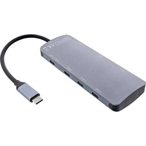 Ein grauer USB-C-Hub mit mehreren Anschlüssen, einschließlich USB, HDMI und Ethernet, verbunden über ein kurzes Kabel.