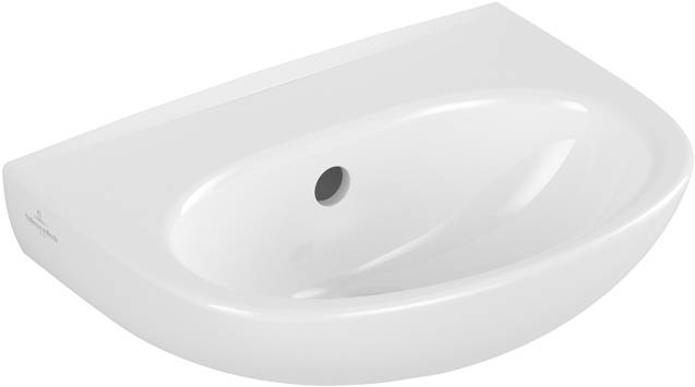 Weiße ovale Waschbeckenbecken mit zentralem Ablauchloch, dargestellt in einer Dreiviertelansicht auf weißem Hintergrund.