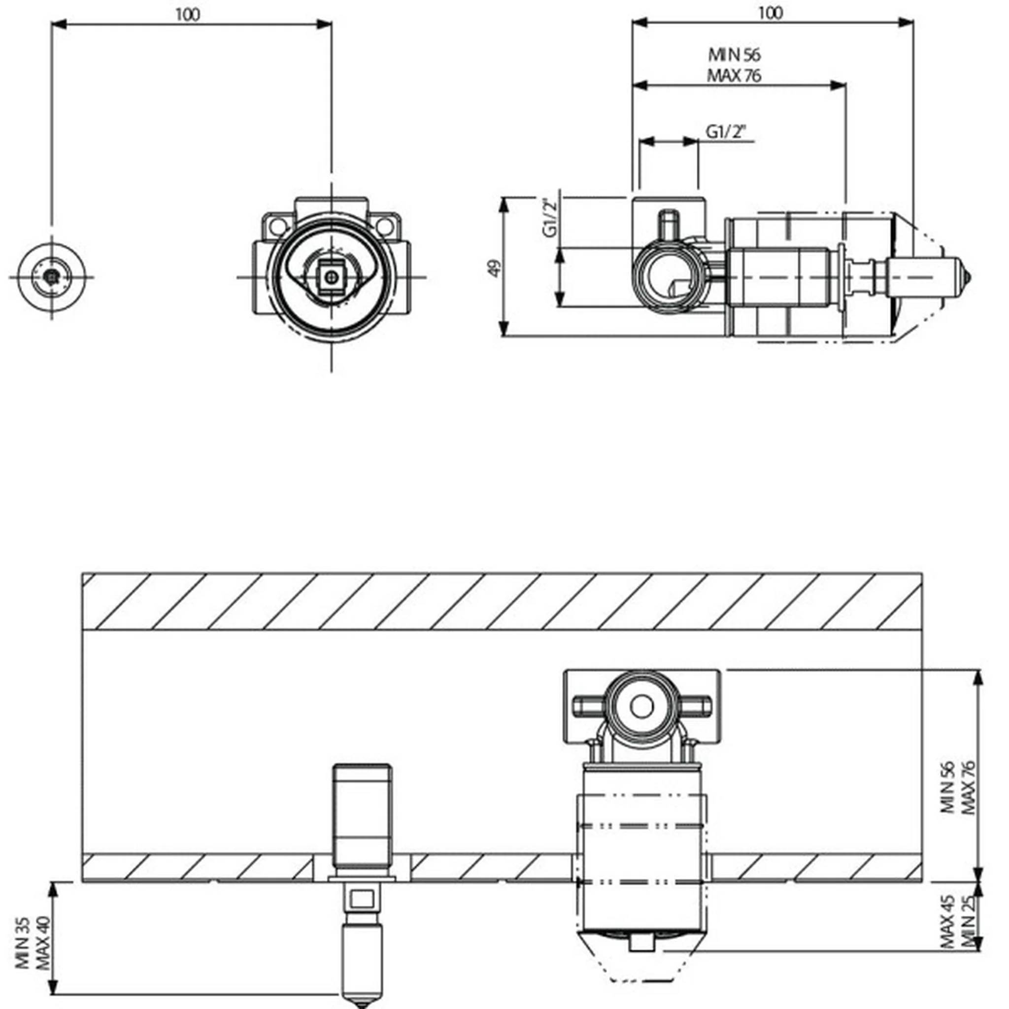 Technische Zeichnung eines Ventils oder einer Armatur mit Vorder-, Seiten- und Installationsansichten, die wichtige Abmessungen wie 100 mm Breite und min/max Freiraum zeigen.