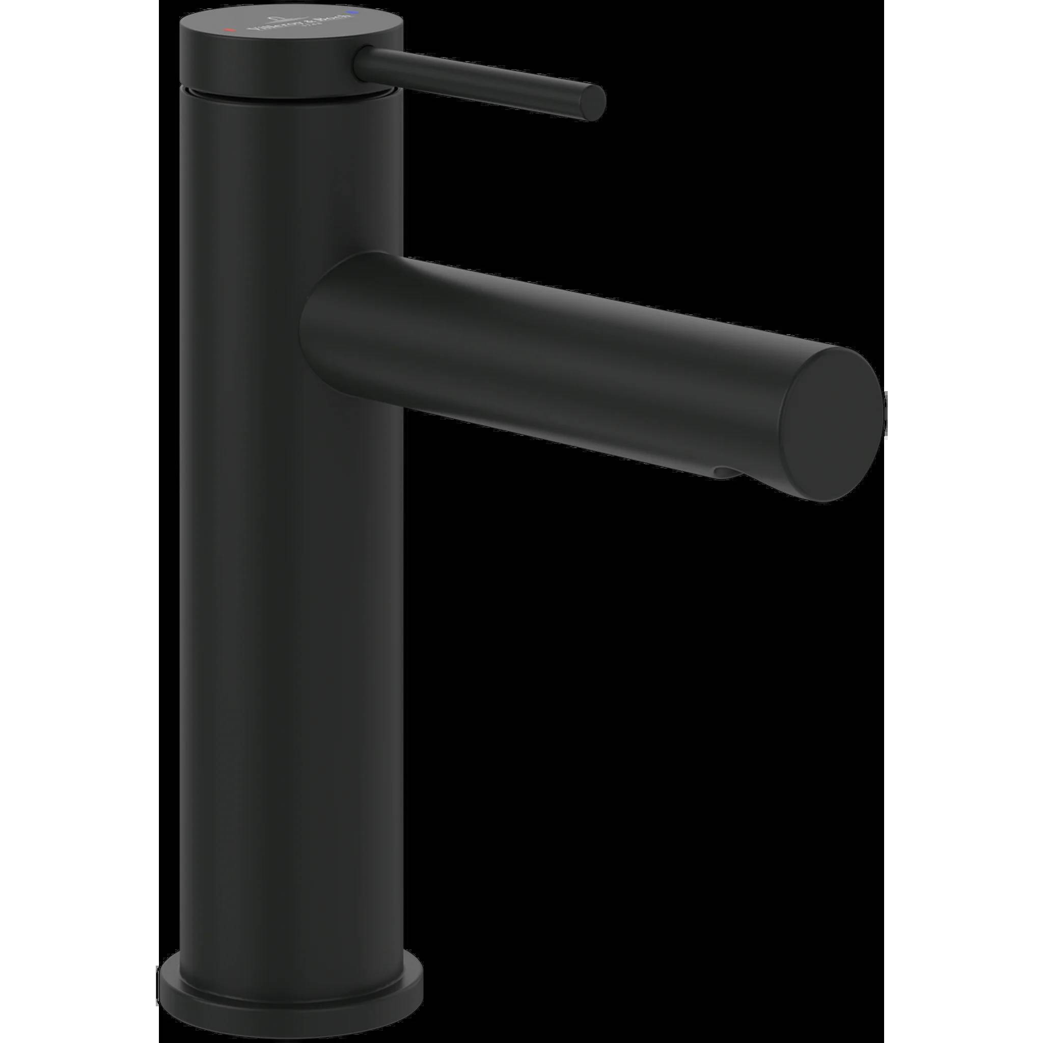 Moderner schwarzer zylindrischer Wasserhahn mit Seitenhebel und horizontaler Auslaufform auf weißem Hintergrund.
