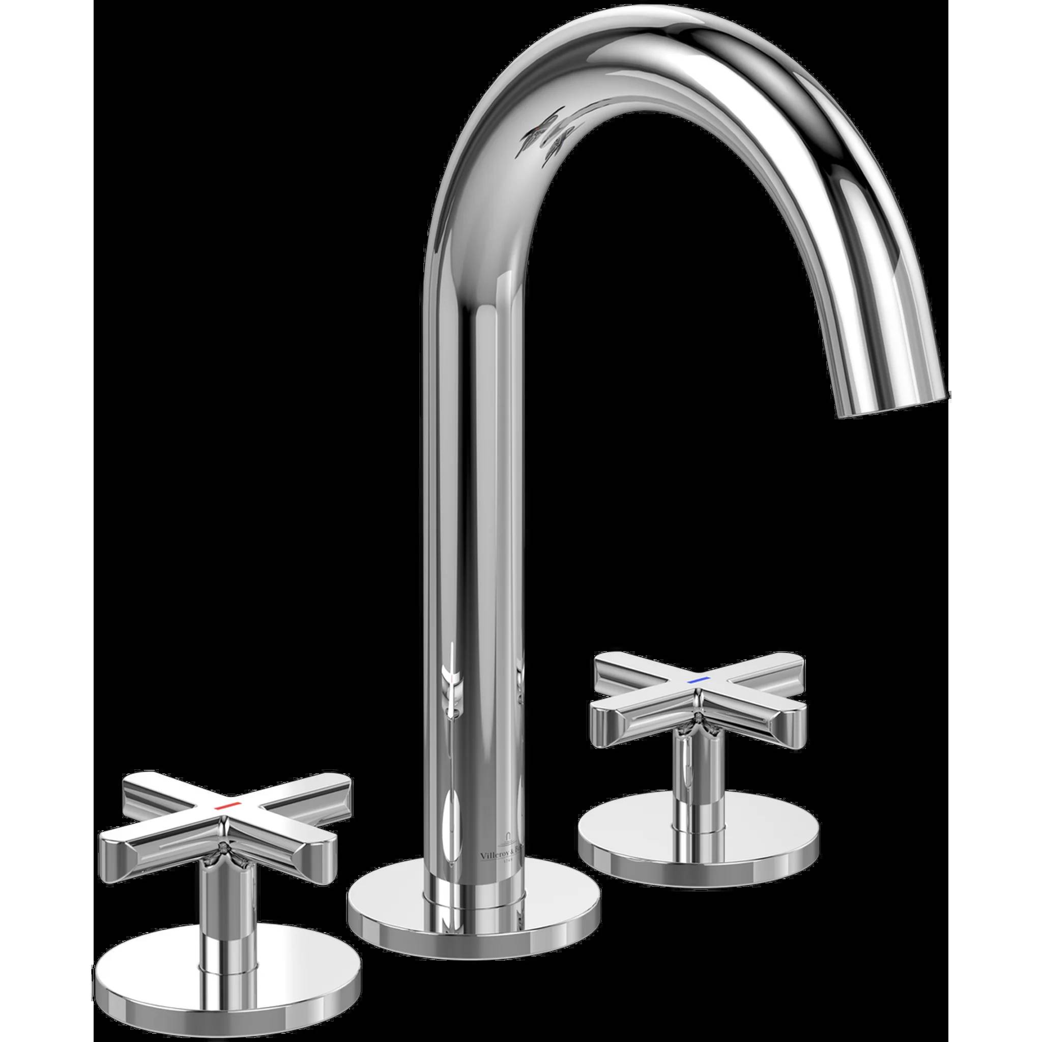 Chrom-Badezimmerhahn mit separaten Warmwasser- und Kaltwasser-Kreuzhebeln auf schwarzem Hintergrund.